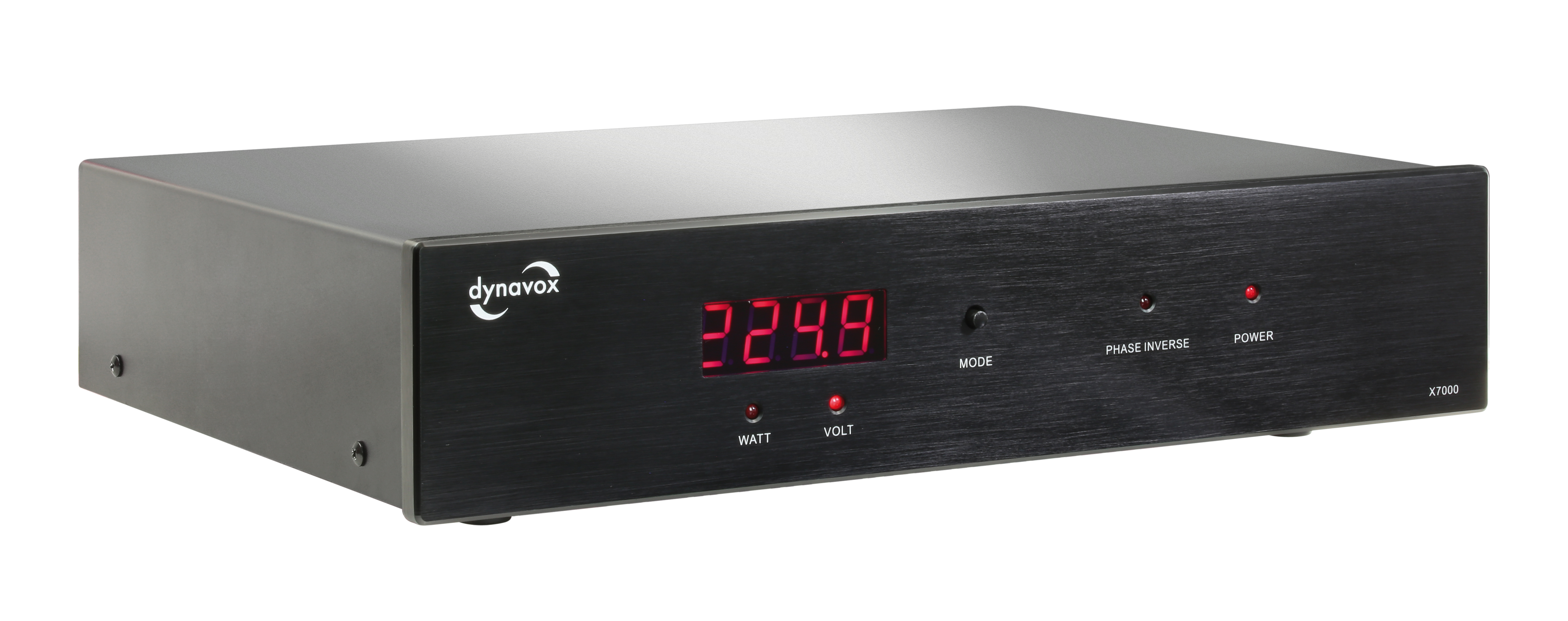 Schwarzes Dynavox-Gerät mit roter Anzeige 224,8, mit Modus-, Volt- und Watt-Tasten.