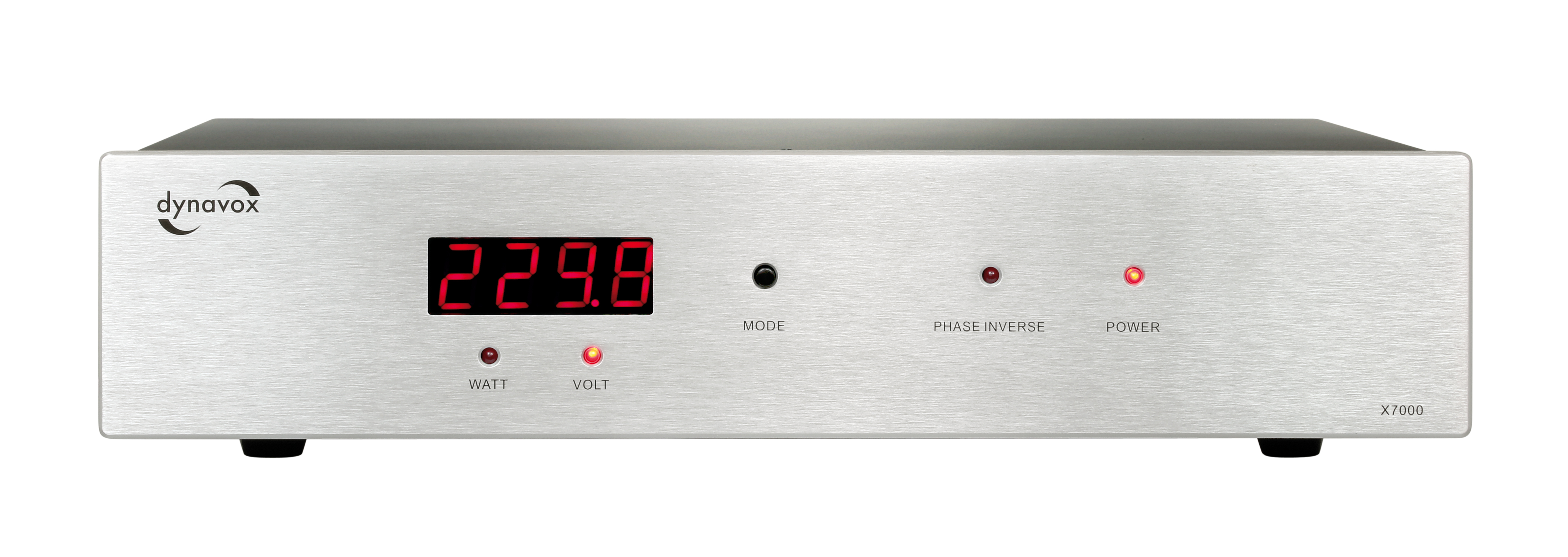 Silbernes Dynavox X7000 Audiogerät mit Digitalanzeige, die 229,8 anzeigt. Knöpfe: Modus, Phaseninvertierung, Strom, Watt, Volt.
