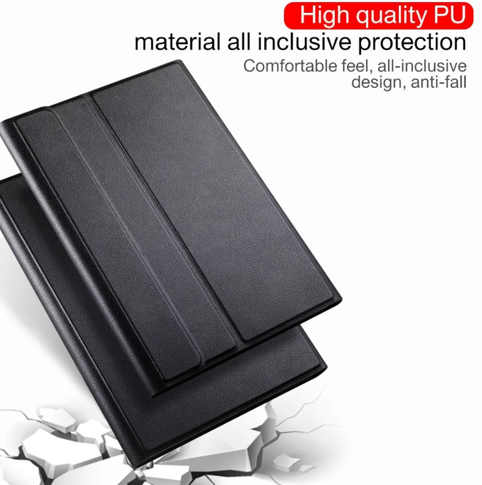 Schwarze Tablethülle mit gefaltetem Deckel. Weißer Hintergrund, Nahaufnahme.