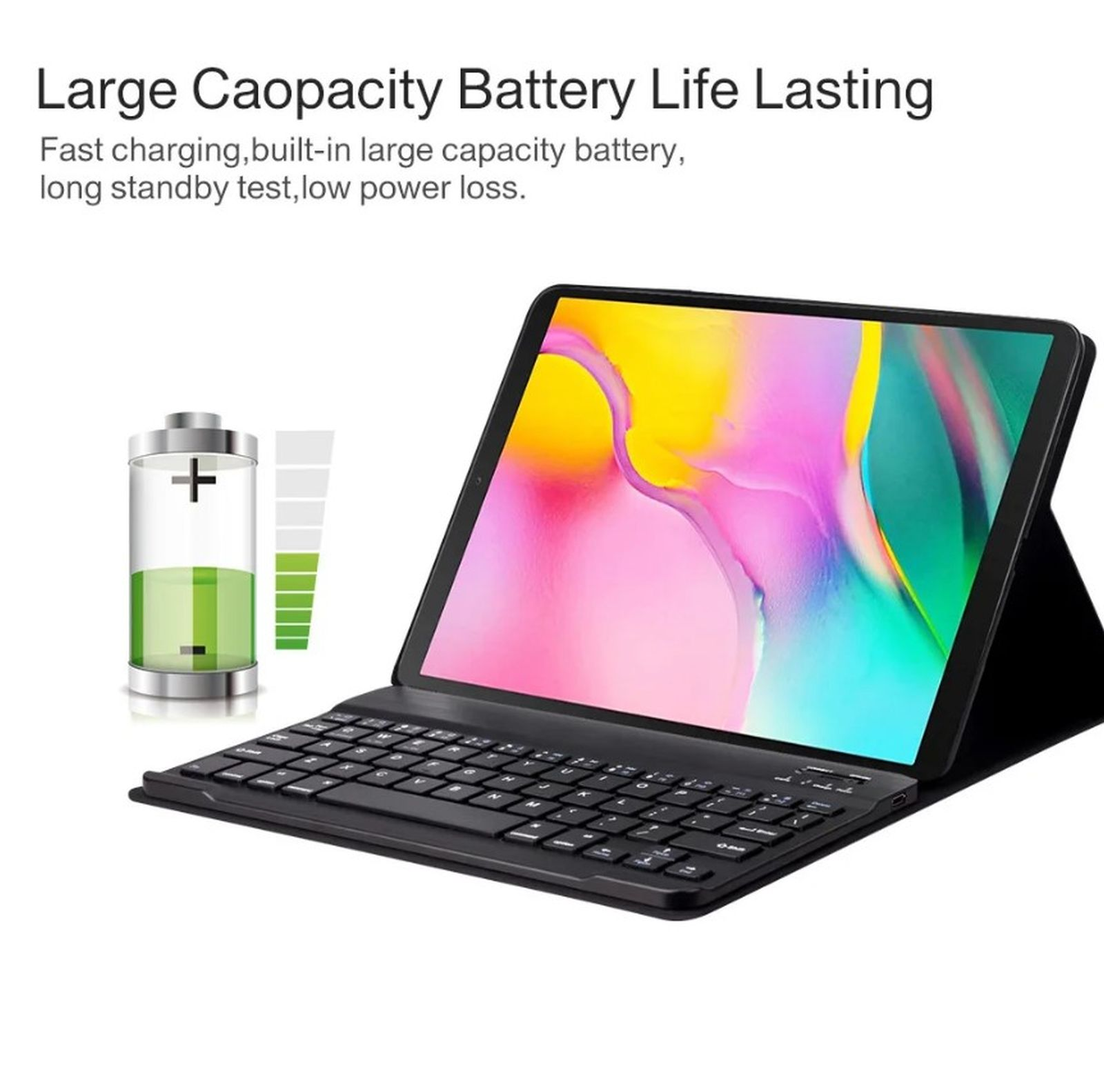 Tablet mit Tastatur. Akku-Symbol und Text über Akkulaufzeit. Bunter Bildschirm.