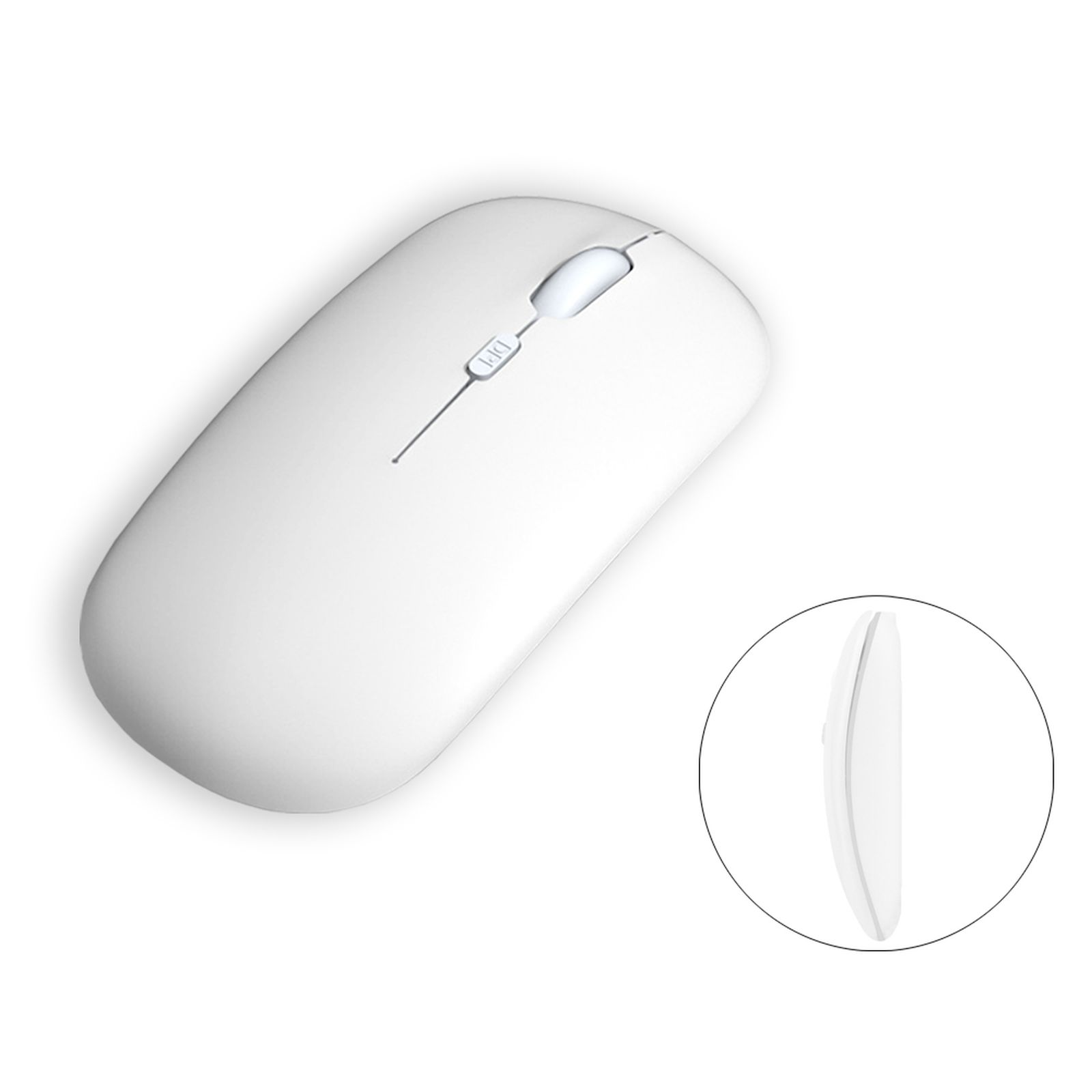 Weiße drahtlose Maus mit Scrollrad und Seitenansicht auf weißem Hintergrund.