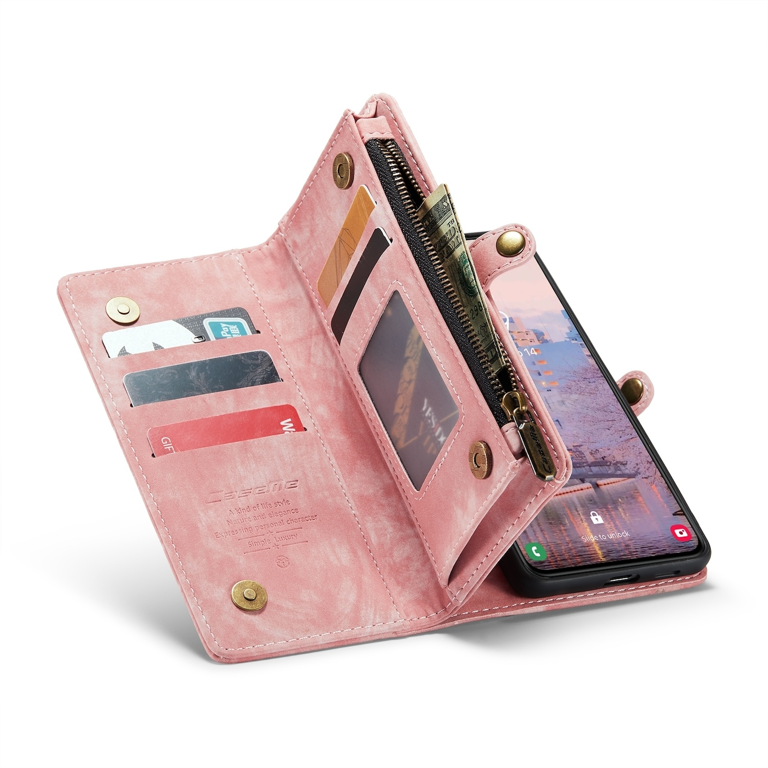 Geöffnete pinkfarbene Brieftasche mit Telefon, Karten und Geld im Inneren.