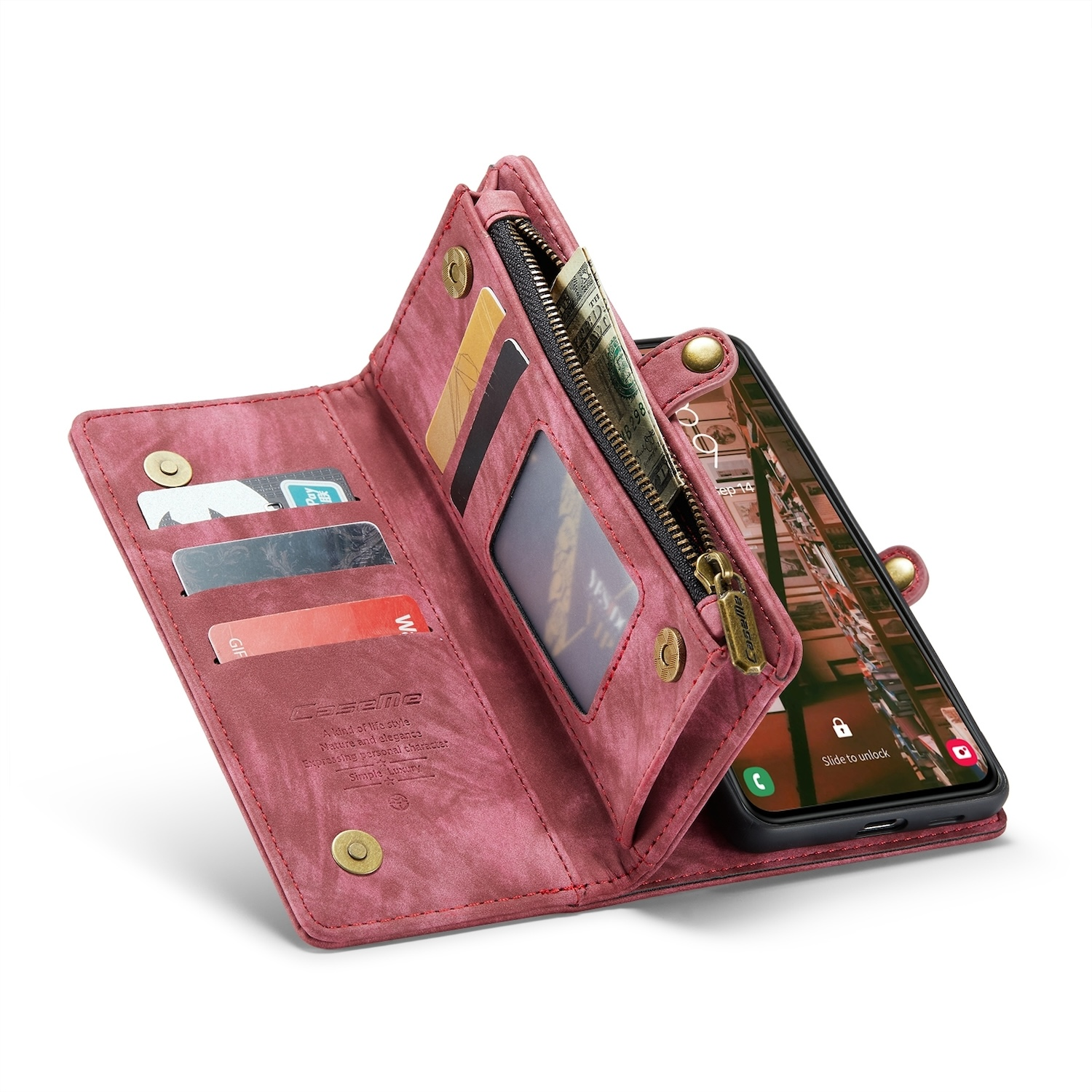 Offene rosa Brieftasche mit Karten und einem Telefon. Das Telefon zeigt einen Bildschirm.