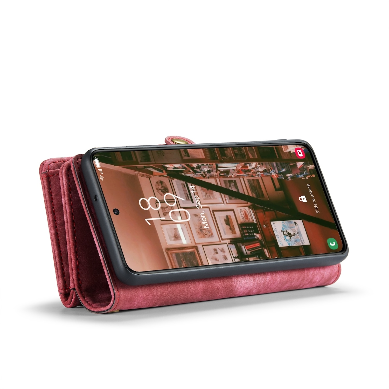 Ein rosa Handy-Portemonnaie mit einem Telefon darin, das ein Bild eines Raumes auf dem Bildschirm zeigt.