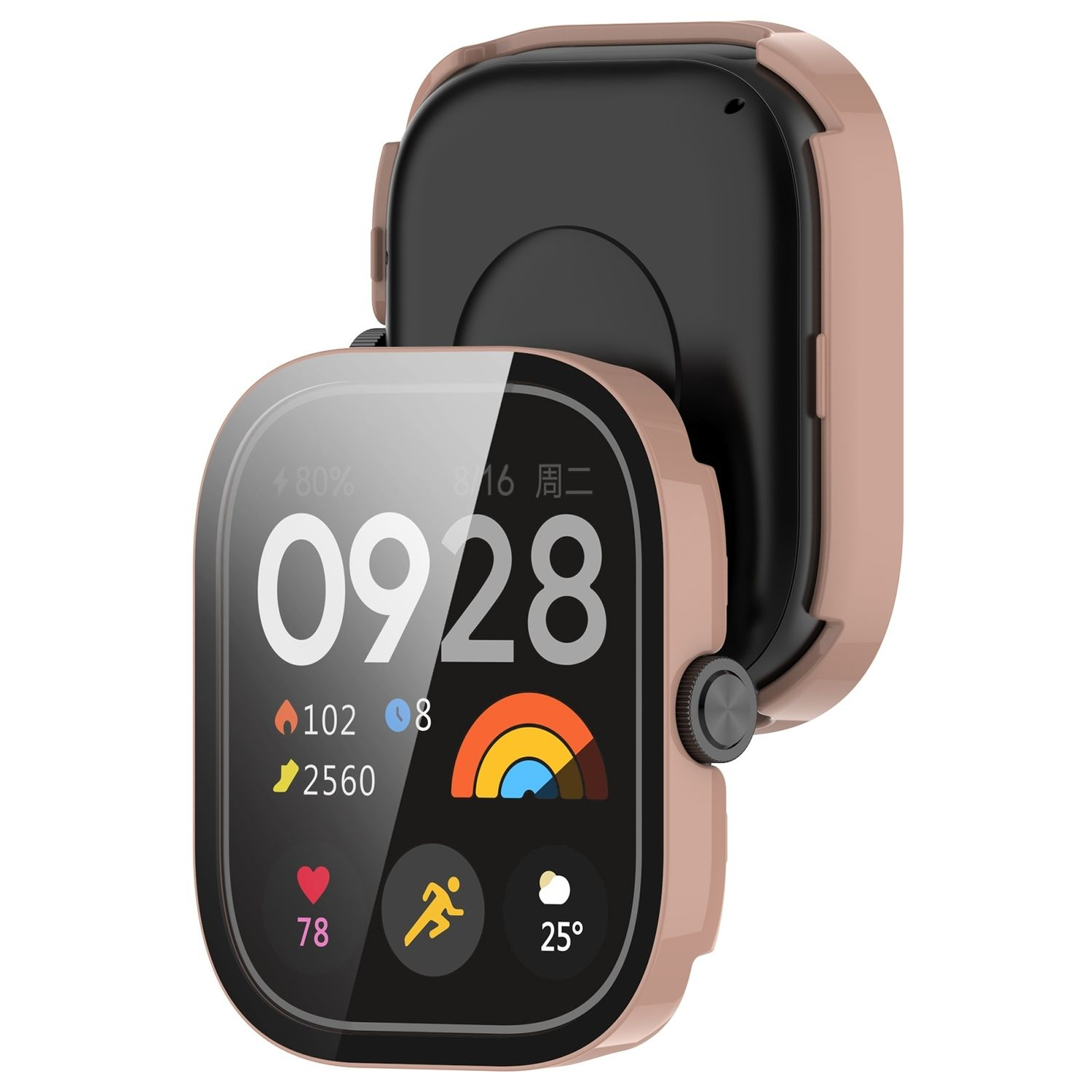 Eine Smartwatch mit Touchscreen, der Zeit und Gesundheitsmetriken anzeigt, in einem rosa Gehäuse.
