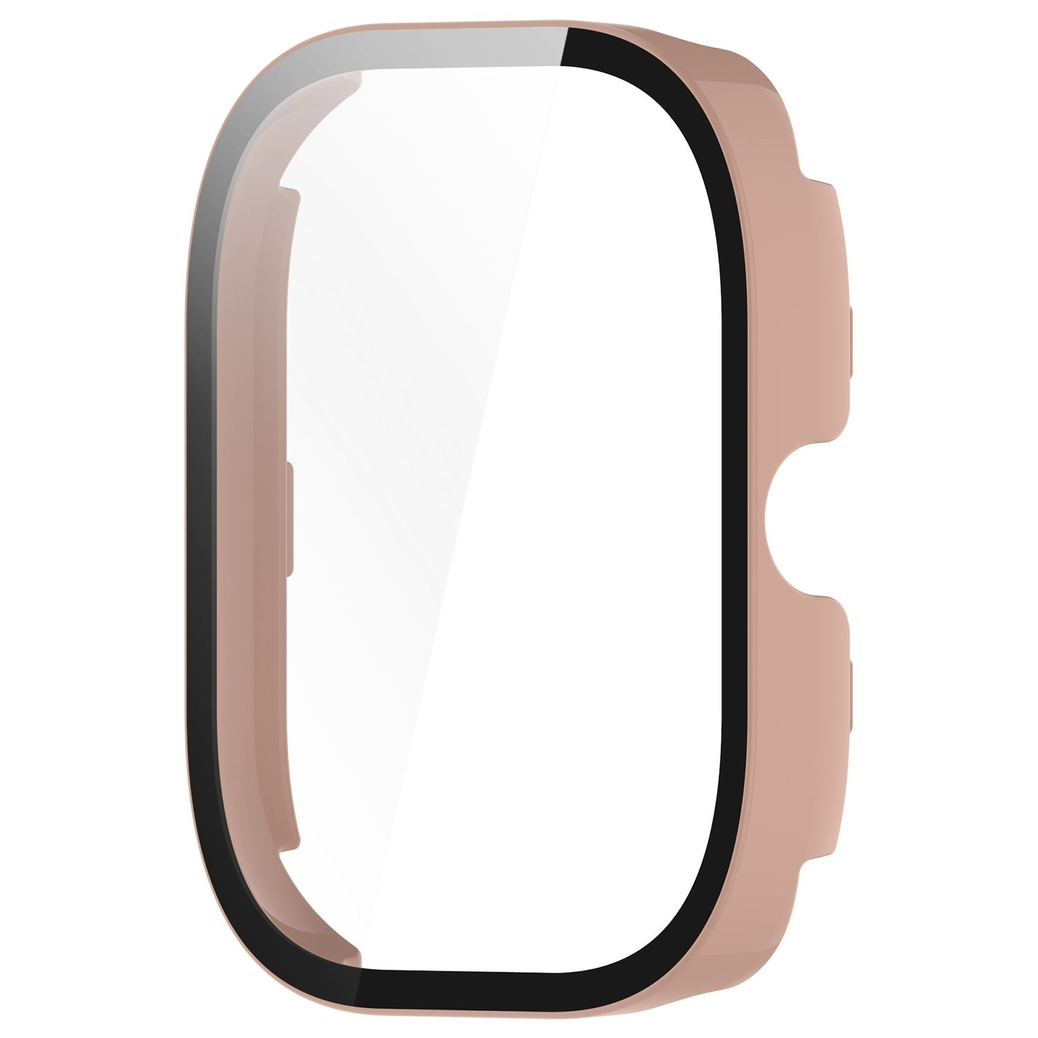 Rosa Hülle für eine Uhr mit einem transparenten Displayschutz. Weißer Hintergrund.