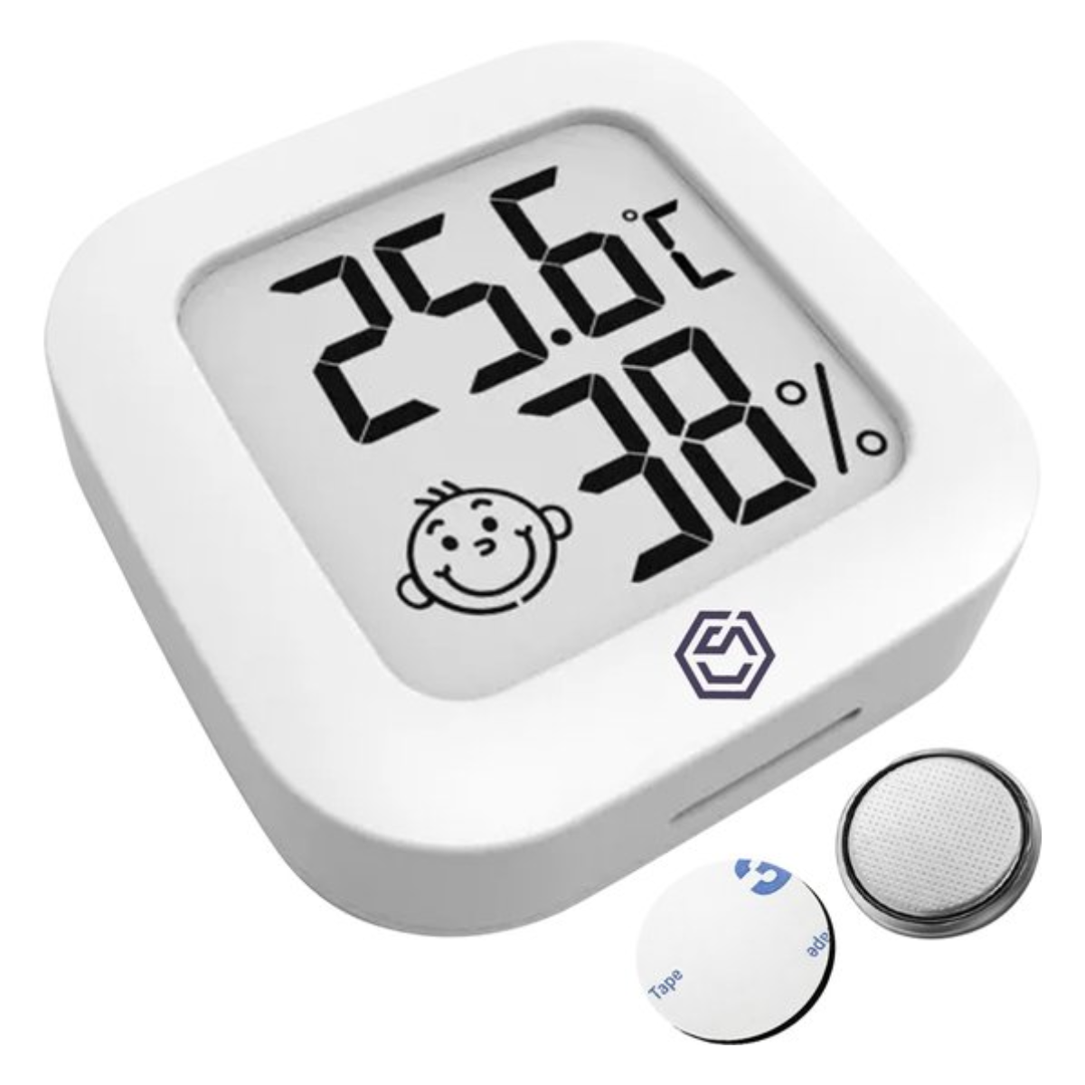 Witte vierkante digitale thermometer met display met 25,6°C en 38%. Batterijen zijn inbegrepen.