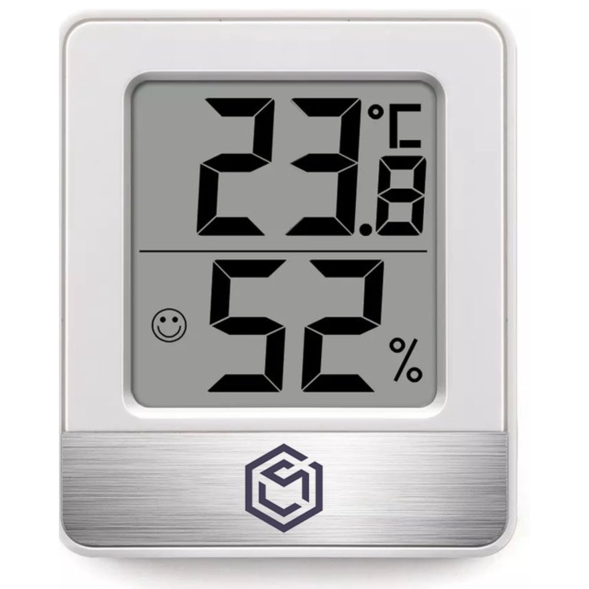 Witte vierkante digitale thermometer met display met 23,8°C en 52%. Een logo onderaan.