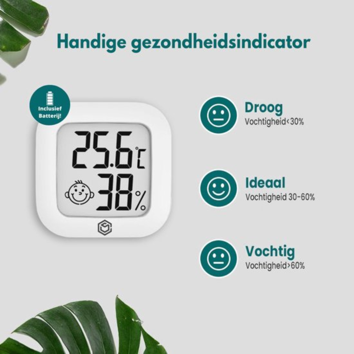 Een wit apparaat met een scherm dat temperatuur en vochtigheid weergeeft, met pictogrammen en tekst.