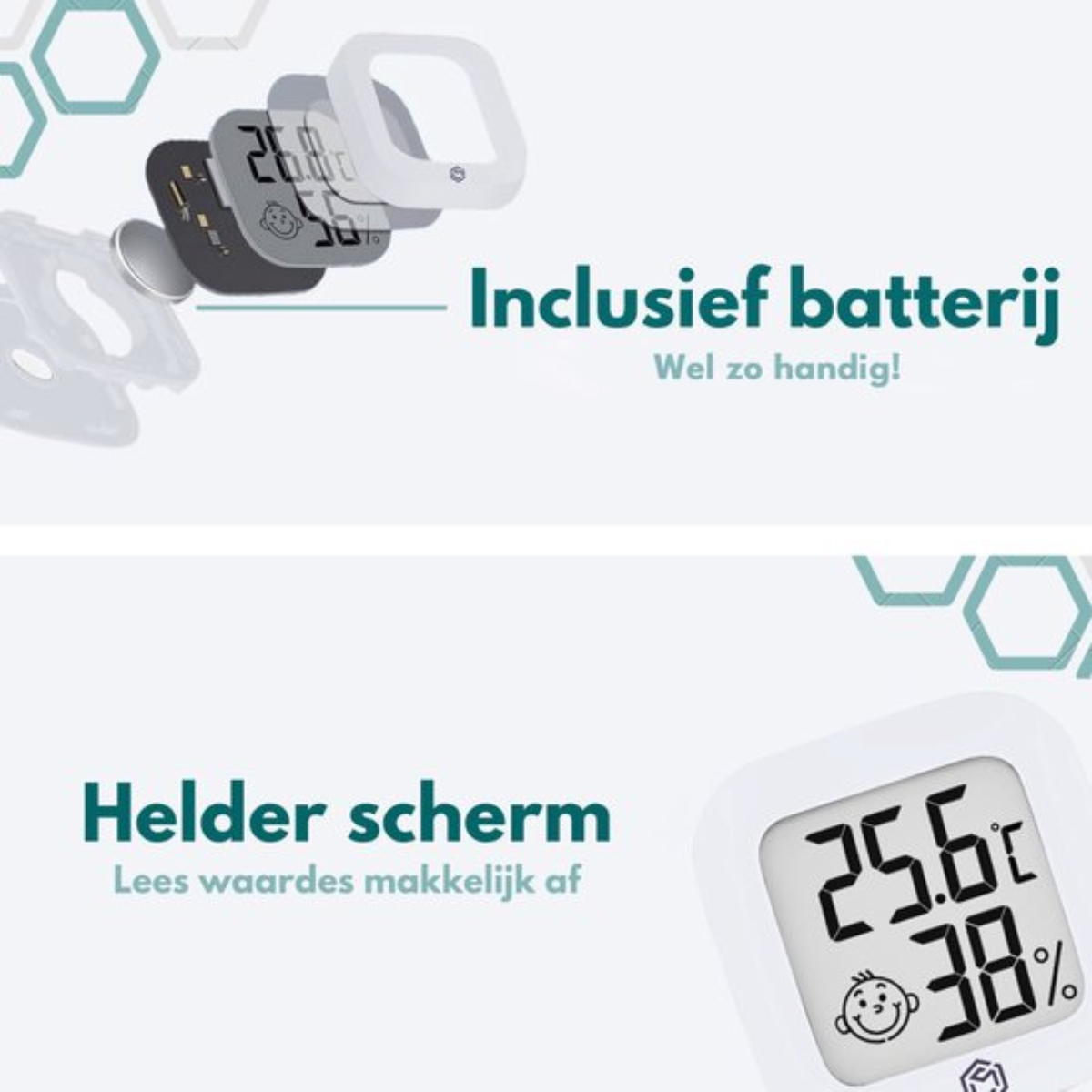 Close-up van een digitaal display met temperatuur en vochtigheid, met batterij en componenten.