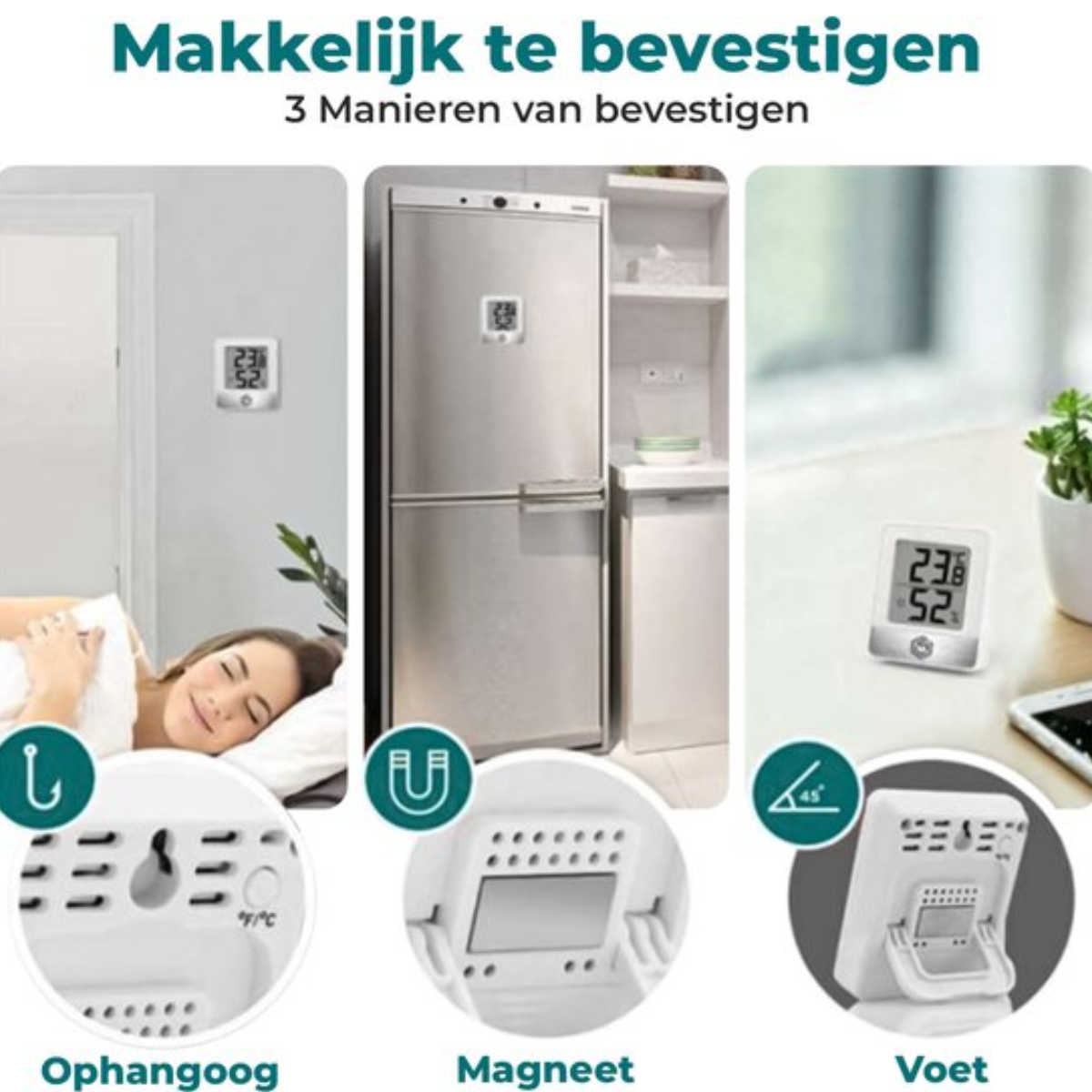 Drie manieren om een witte thermometer te monteren. Haak, magneet en schuine standaard. Verschillende achtergronden worden getoond.