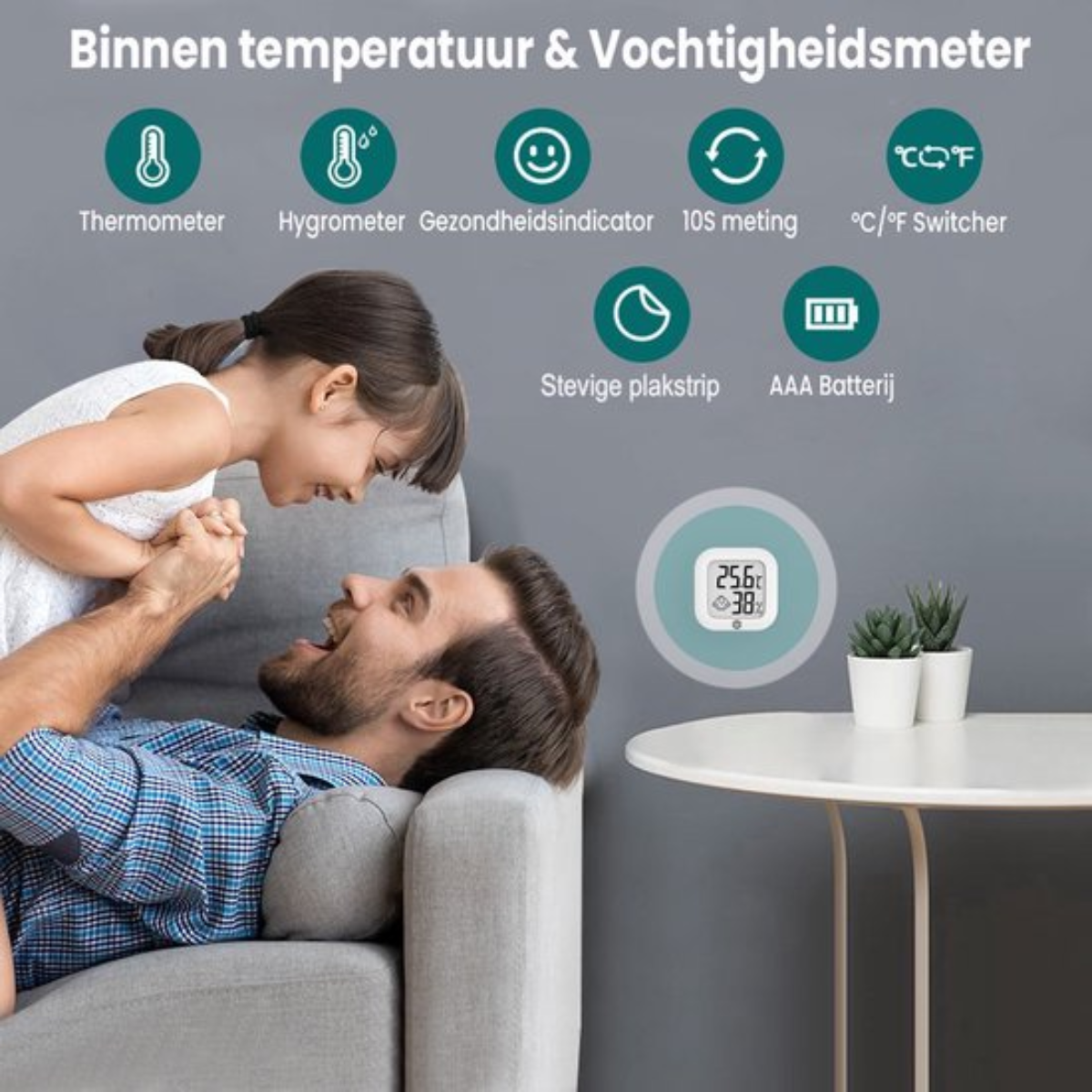 Een vader en dochter staan ​​bij een witte tafel. Een thermometer toont de temperatuur. Verschillende iconen worden getoond.