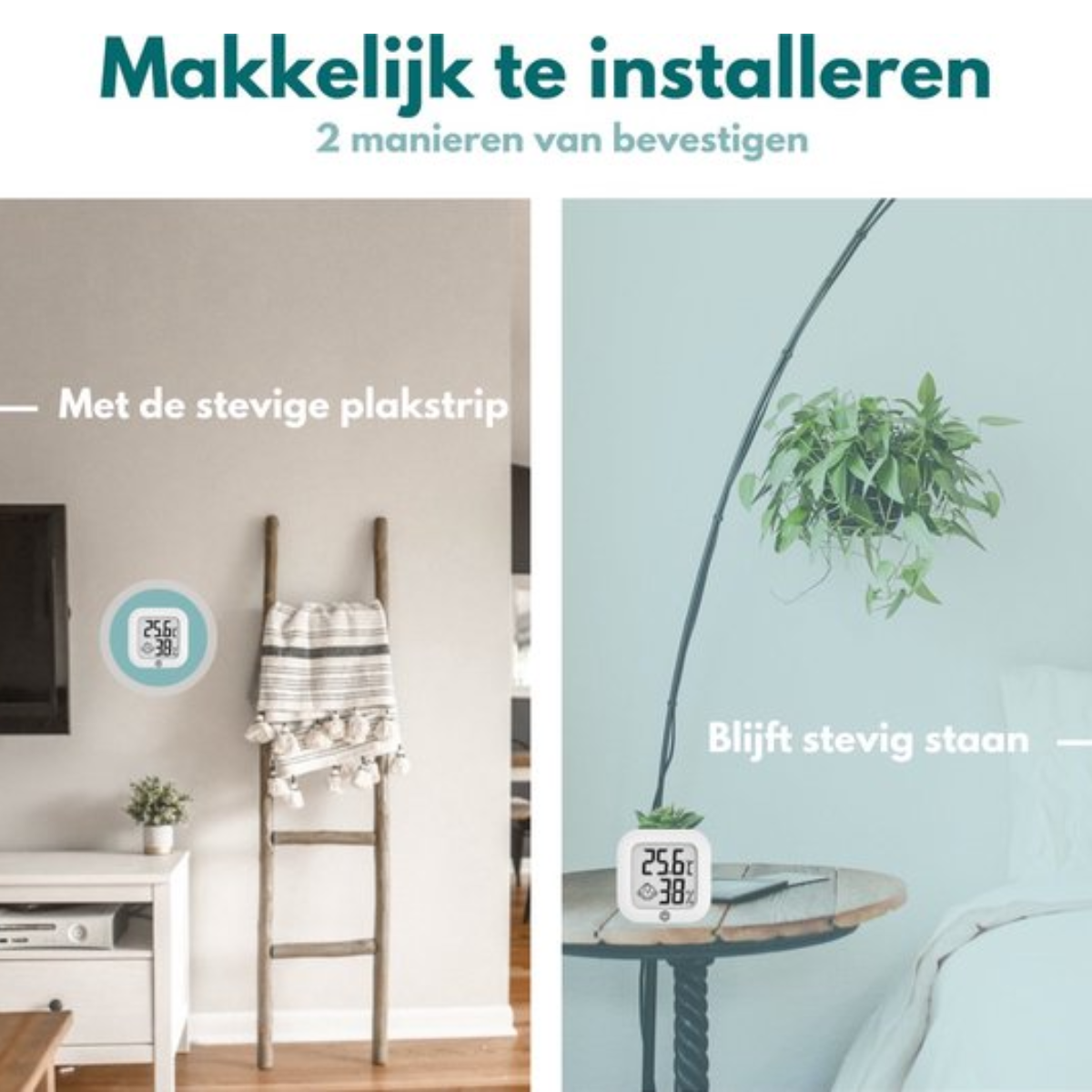 Twee scènes: een thermometer aan een muur en een thermometer die met een plant hangt.