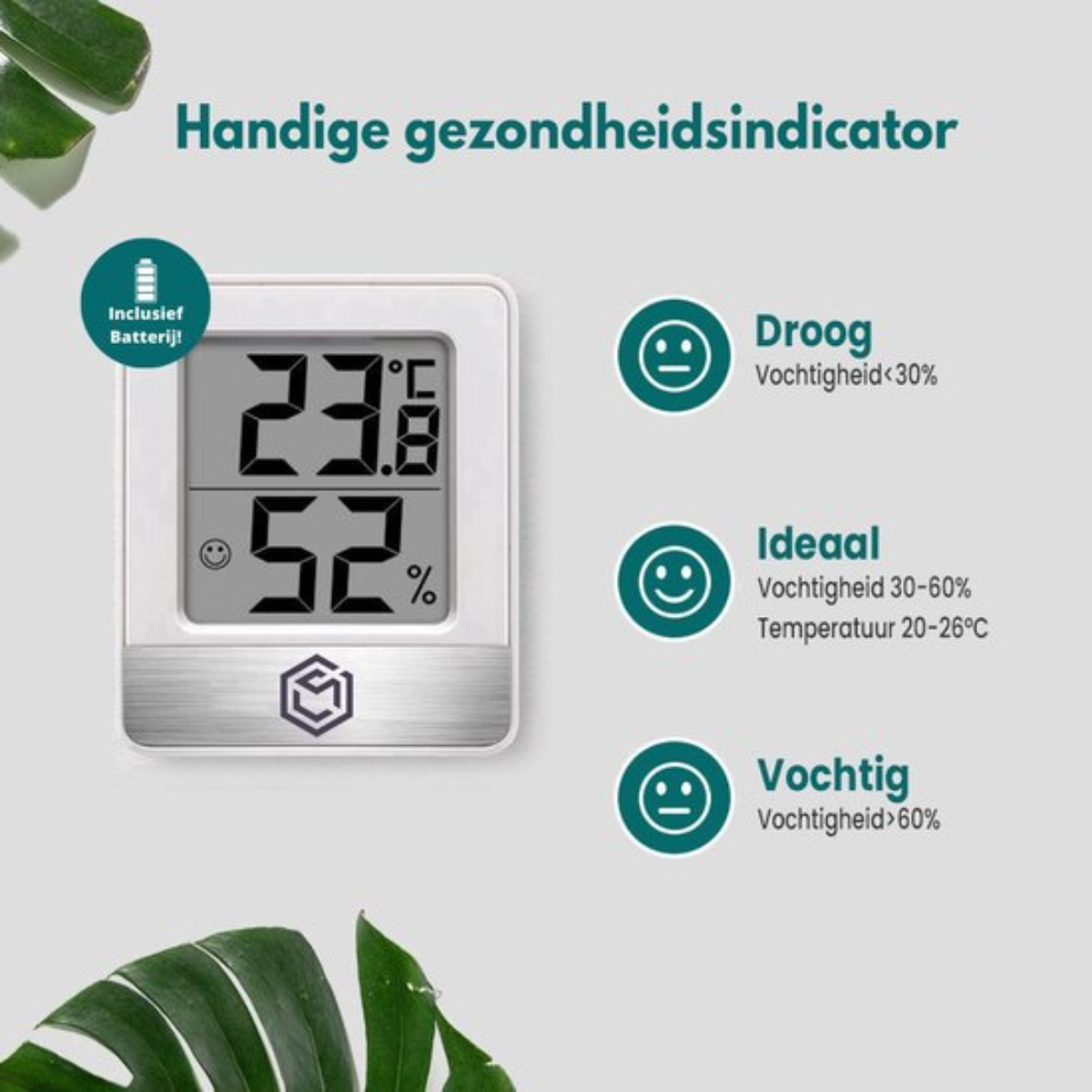 Digitale hygrometer met temperatuur- en vochtigheidsweergave met gezondheidsindicatoren.