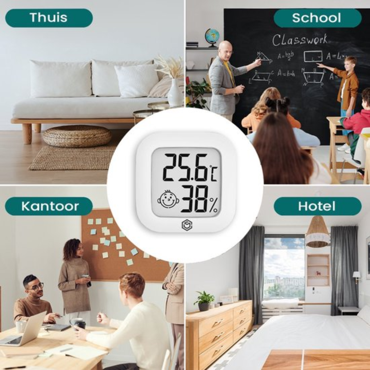 Een witte digitale thermometer geeft 25,6°C en 38% weer. Vier scènes tonen de thermometer in verschillende settings.