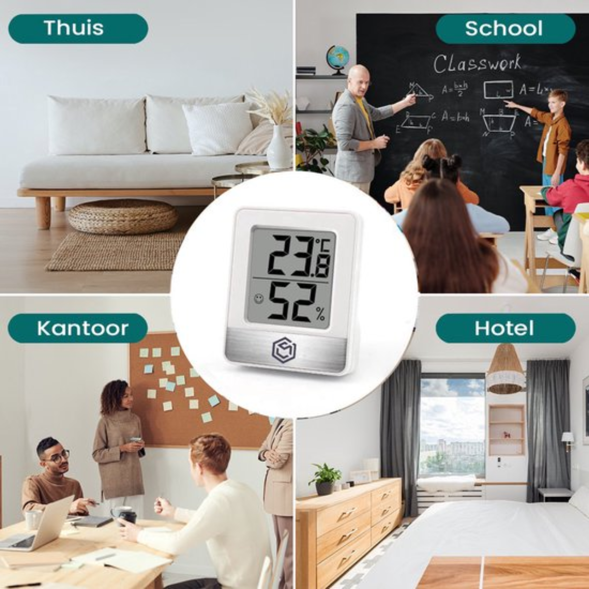 Een digitaal display met temperatuur en vochtigheid wordt in verschillende omgevingen getoond.