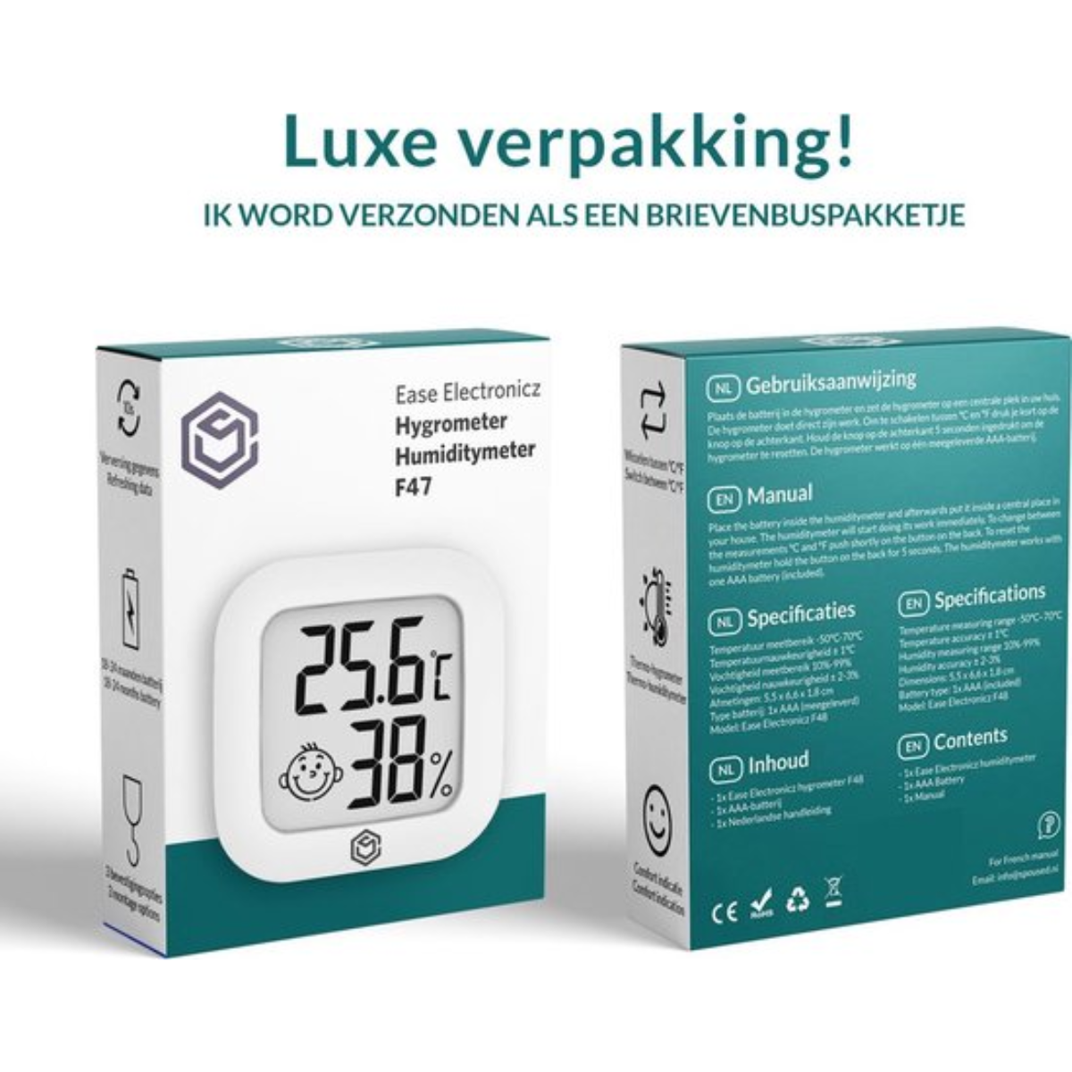 Doos met een thermometer, de tekst is in het Nederlands en Engels.