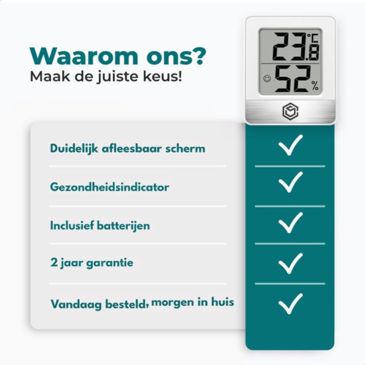 Thermometer met een display dat temperatuur en vochtigheid weergeeft, plus een lijst met functies.