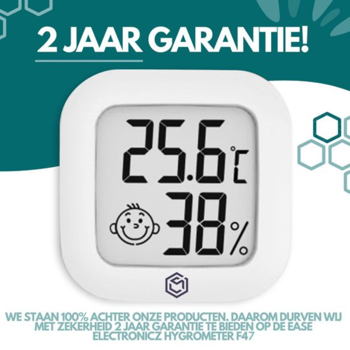 Witte digitale hygrometer met temperatuur- en vochtigheidsweergave, met een smiley.