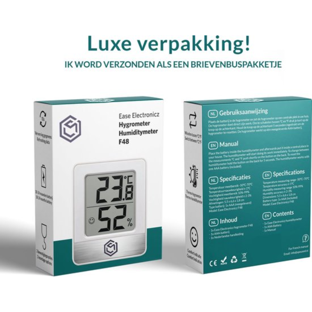 Twee dozen met productdetails. Eén doos is wit en toont temperatuur en vochtigheid. De andere heeft details.