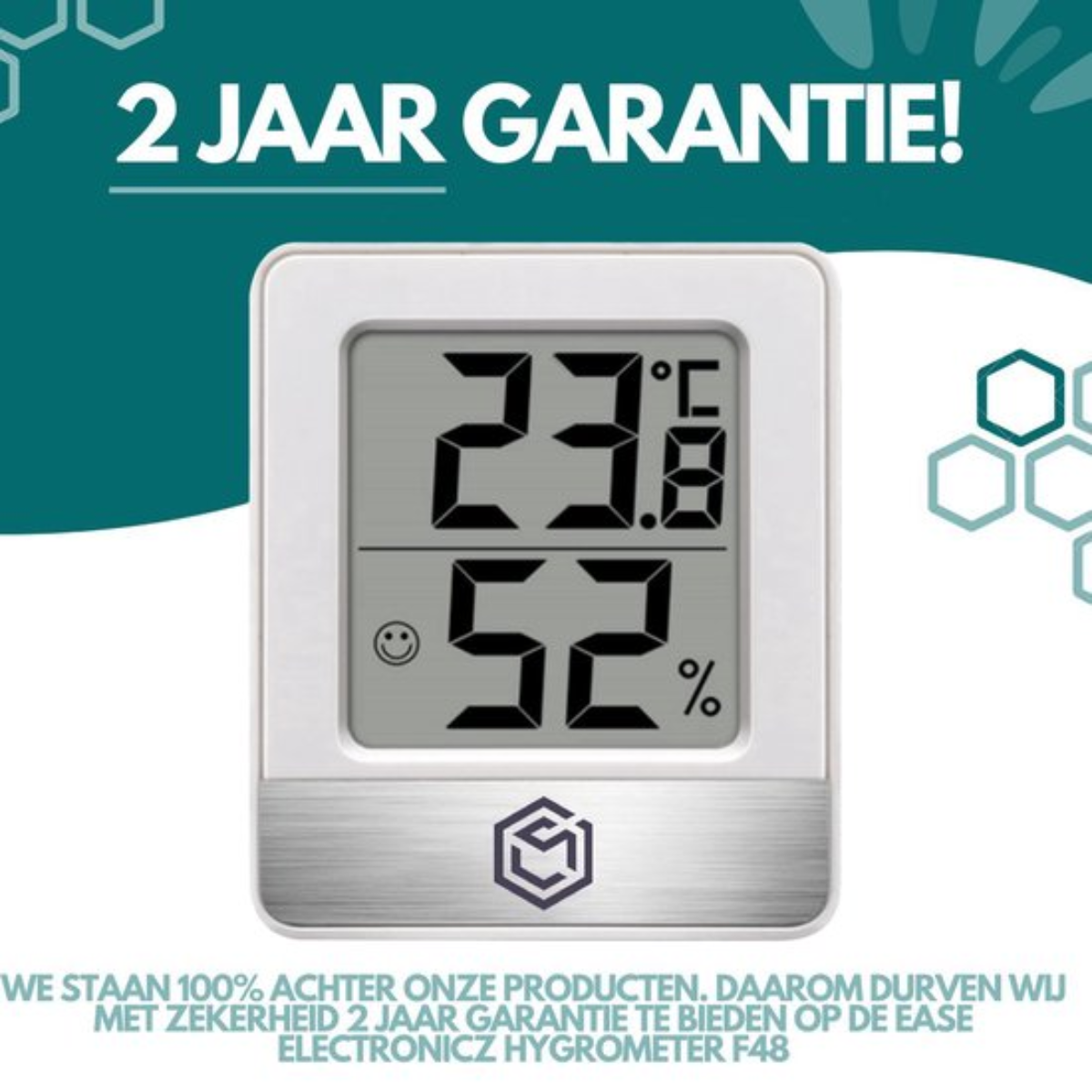 Een witte digitale thermometer met 23,8°C en 52% luchtvochtigheid, met tekst.