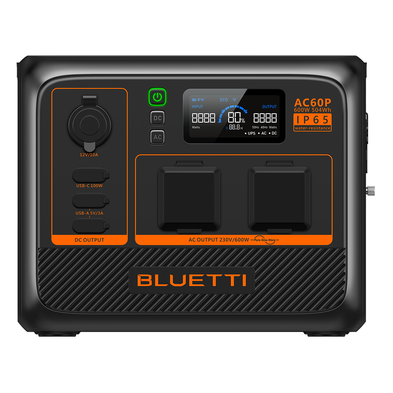 Czarno-pomarańczowa stacja zasilania z ekranem LCD, portami i logo Bluetti.