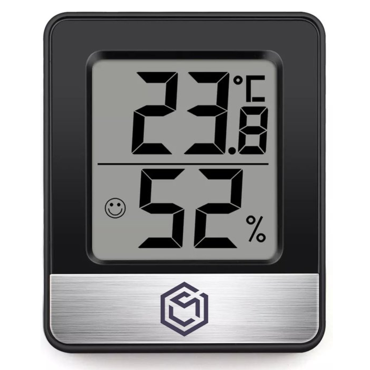 Een digitale hygrometer met temperatuur en vochtigheid, met een smiley-icoon.