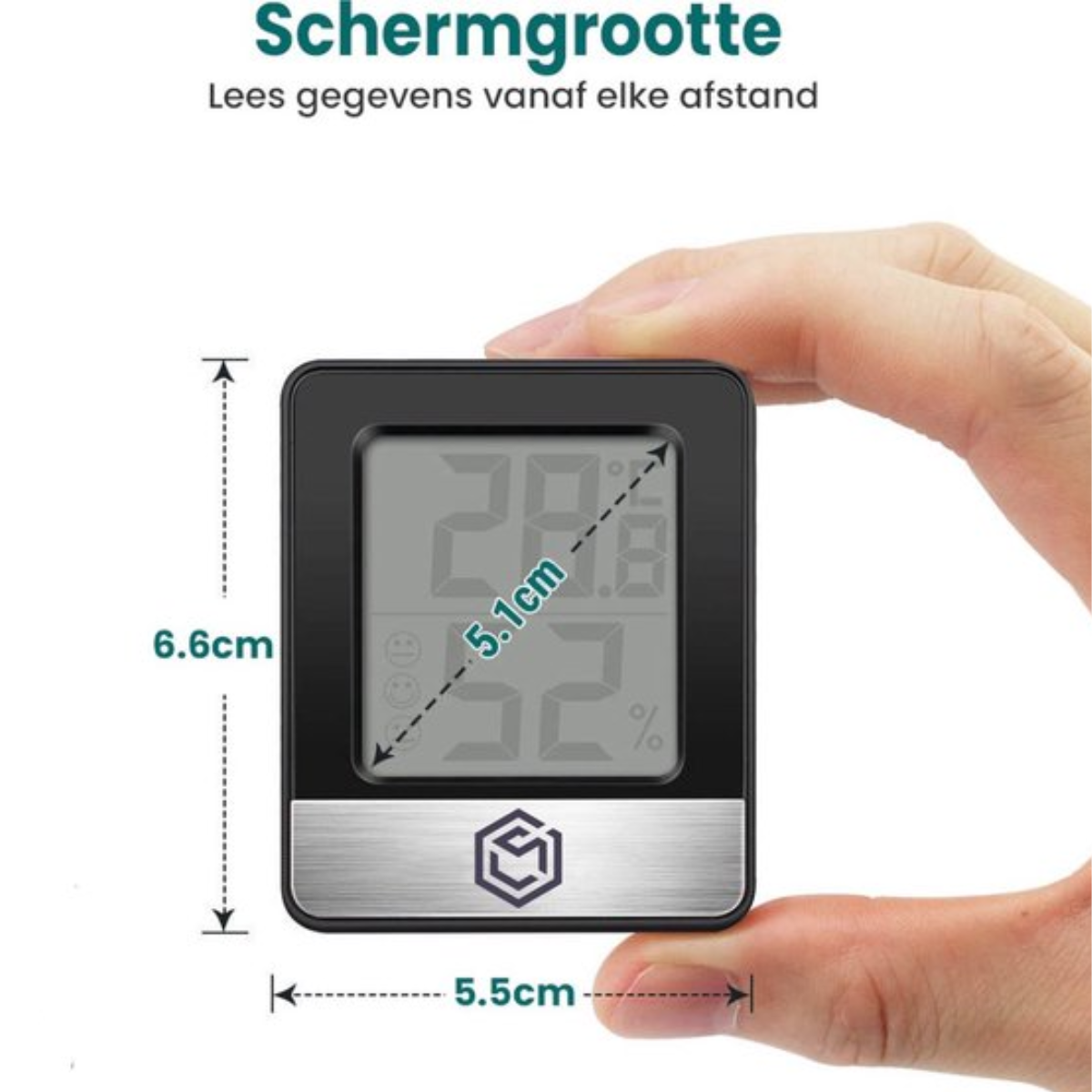 Hand die een digitale thermometer vasthoudt met 28,8 en 52%. Tekst toont afmetingen. Een logo onderaan.