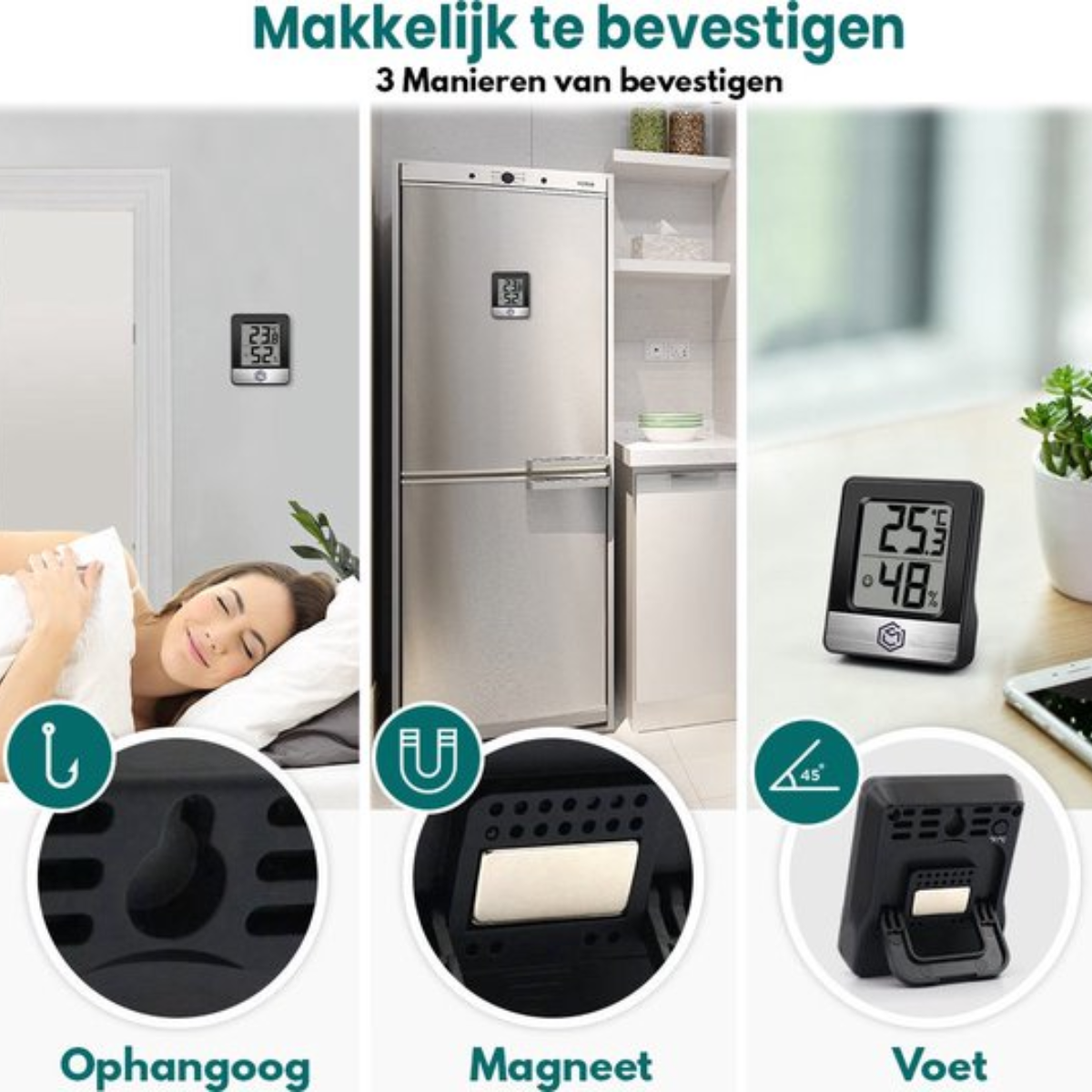 Afbeelding toont drie manieren om een ​​thermometer te monteren. Inclusief een haak, magneet en standaard.