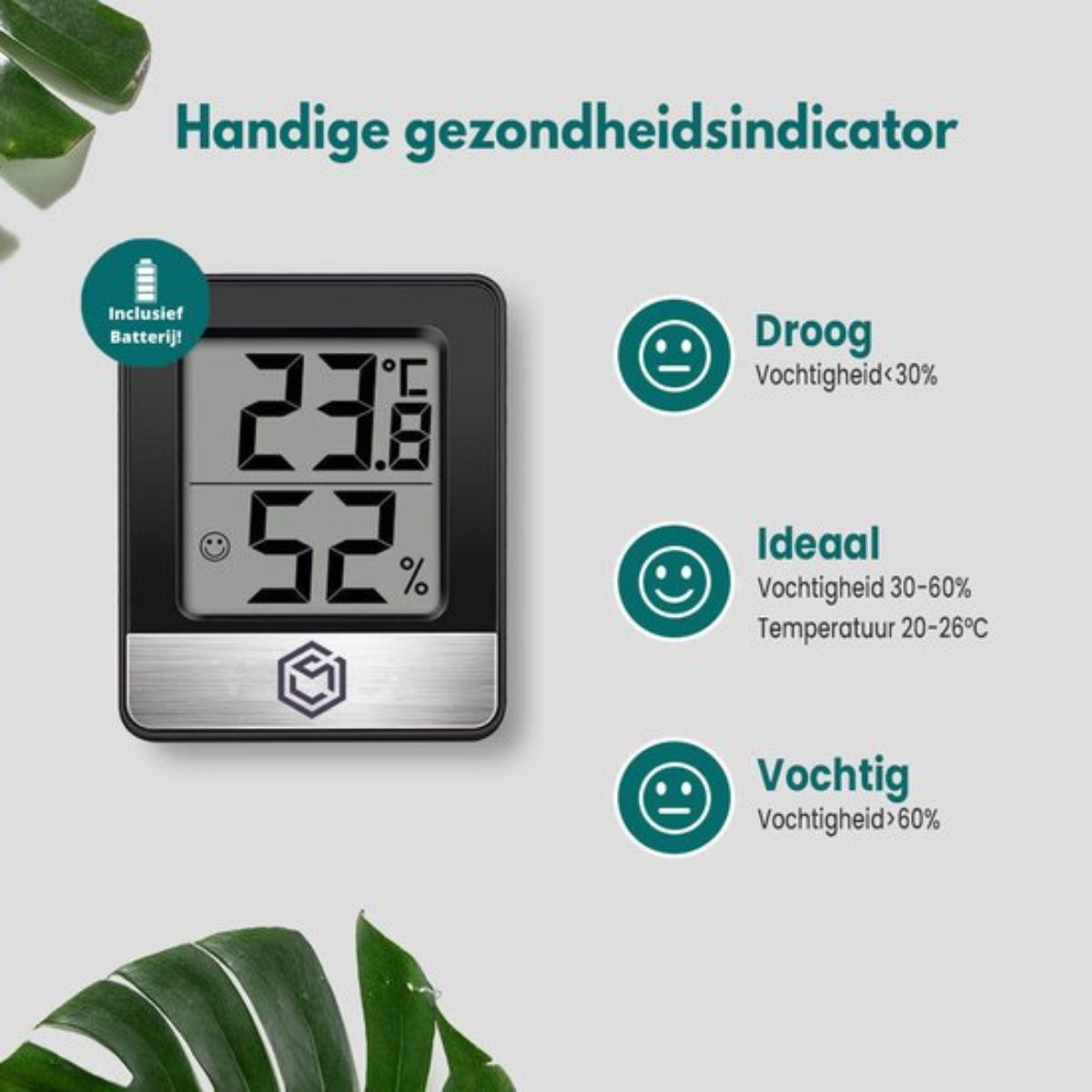 Digitale hygrometer met temperatuur- en vochtigheidsweergave met gezondheidsindicatoren.