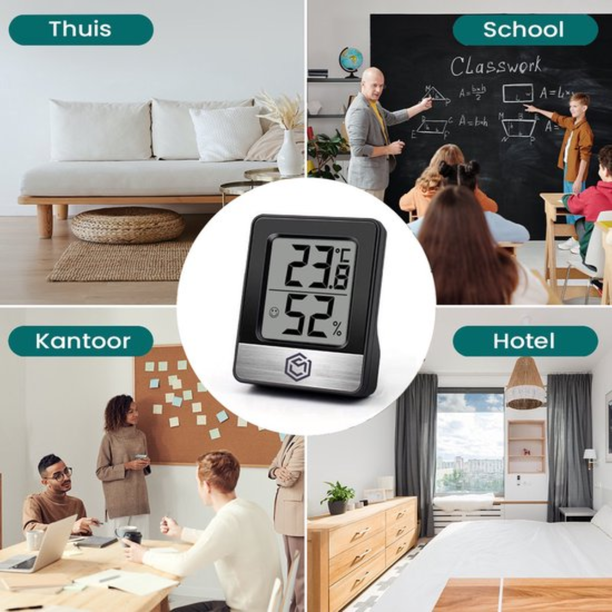 Een zwarte digitale thermometer geeft 23,8°C en 52% weer. Vier scènes tonen de thermometer in verschillende settings.
