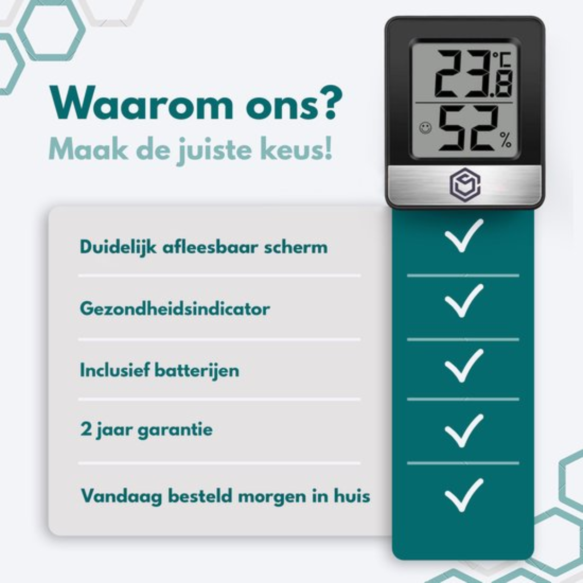 Thermometer die temperatuur en vochtigheid weergeeft, en een lijst met voordelen.