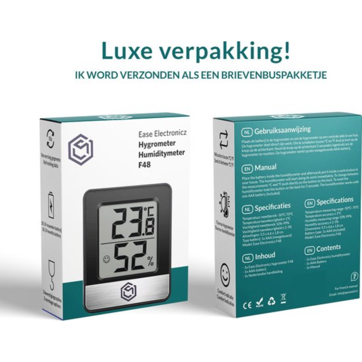 Twee dozen met digitaal display met temperatuur en vochtigheid, tekst en handleiding.