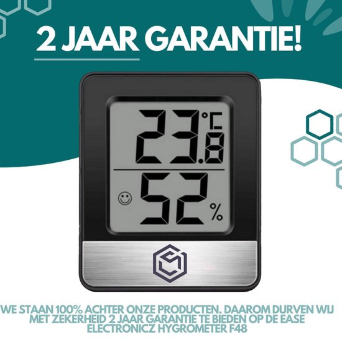 Een zwarte digitale thermometer die temperatuur- en vochtigheidsmetingen weergeeft, met een garantieverklaring.