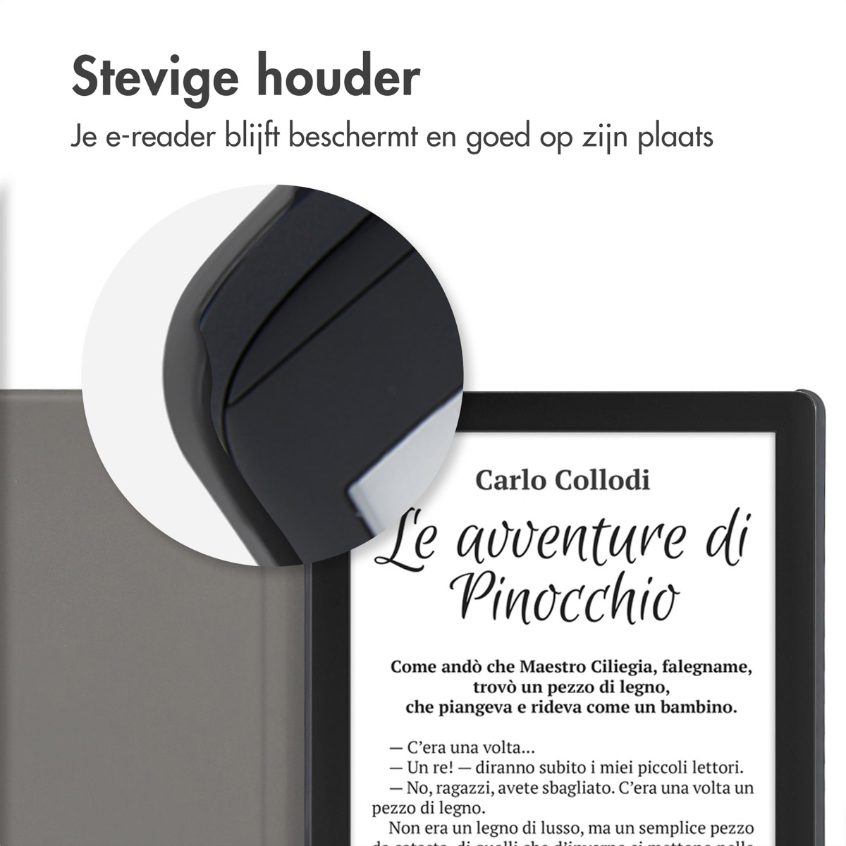 Un étui de liseuse ouvert, montrant une page de texte en italien. La couverture est sécurisée.
