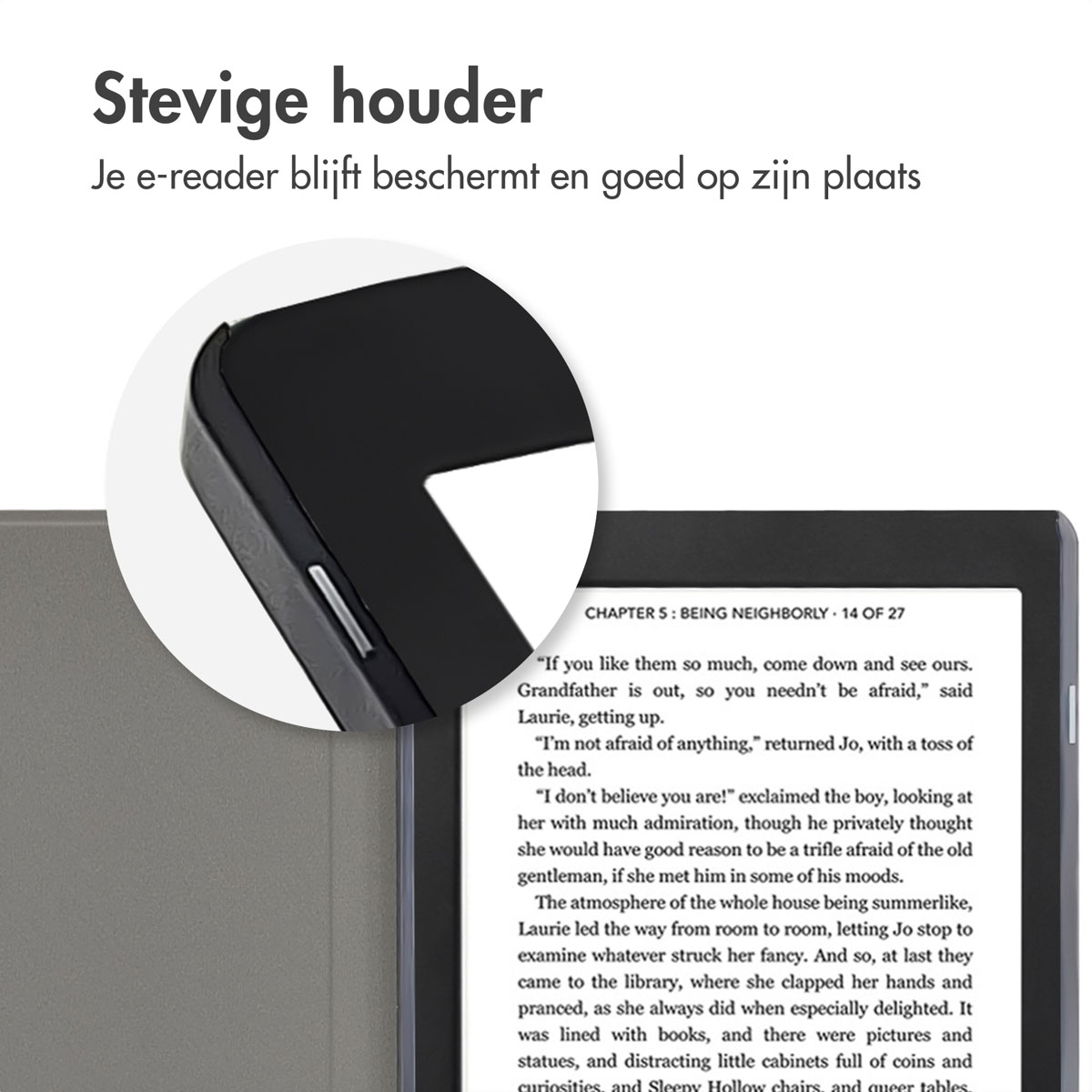 E-reader met zwarte rand en close-up van de hoek. Het scherm toont tekst.