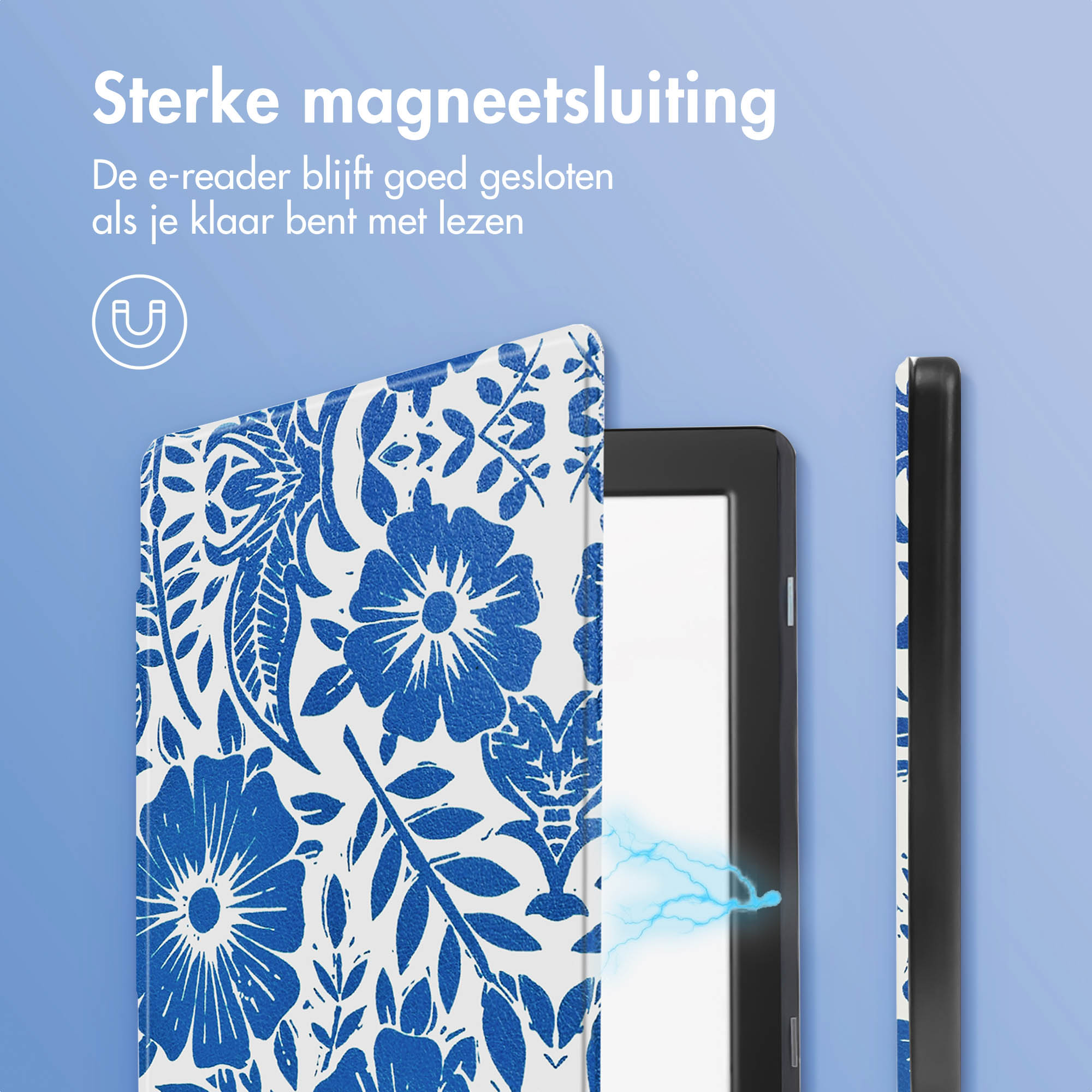 E-reader hoes. Blauw bloemmotief met magnetische sluiting. Tekst: Sterke magnetische sluiting.