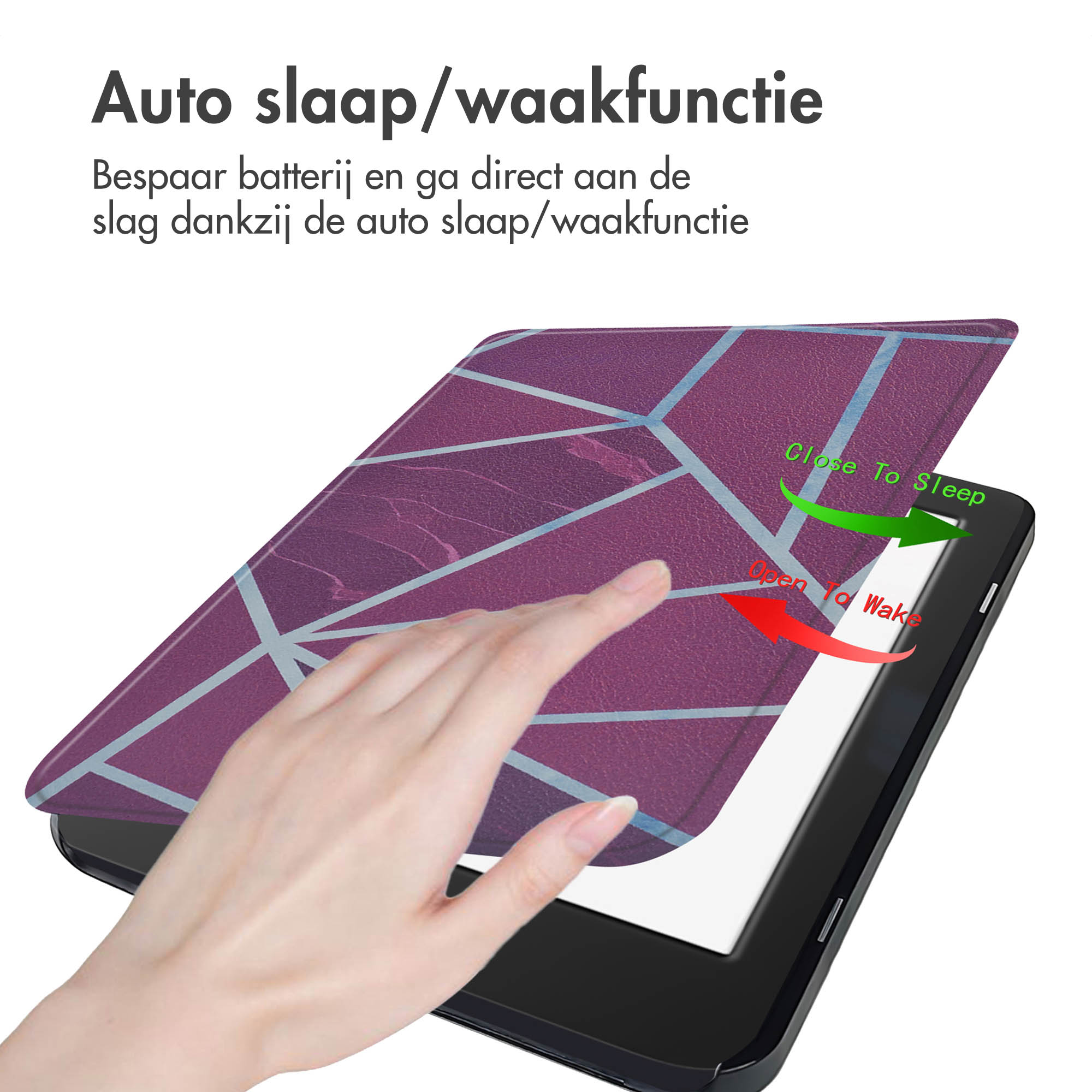 Main ouvre un e-reader avec une couverture géométrique. Texte : 'Fermer pour dormir' et 'Ouvrir pour réveiller'.
