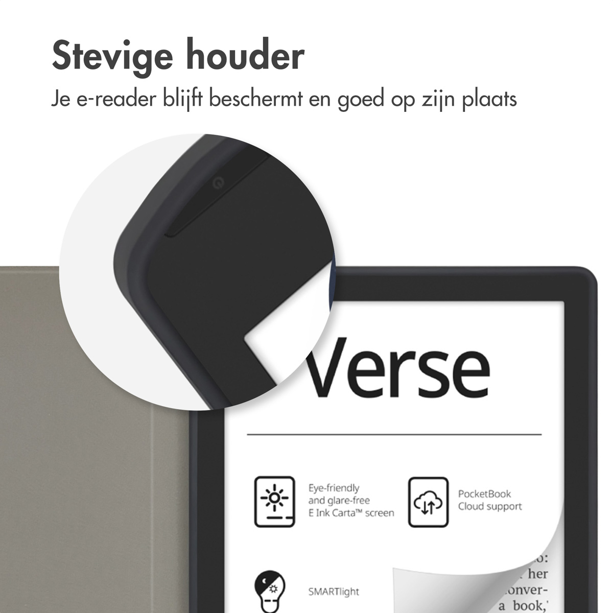 Een e-reader met tekst, met een beschermhoes. De e-reader toont het woord Verse op het scherm.