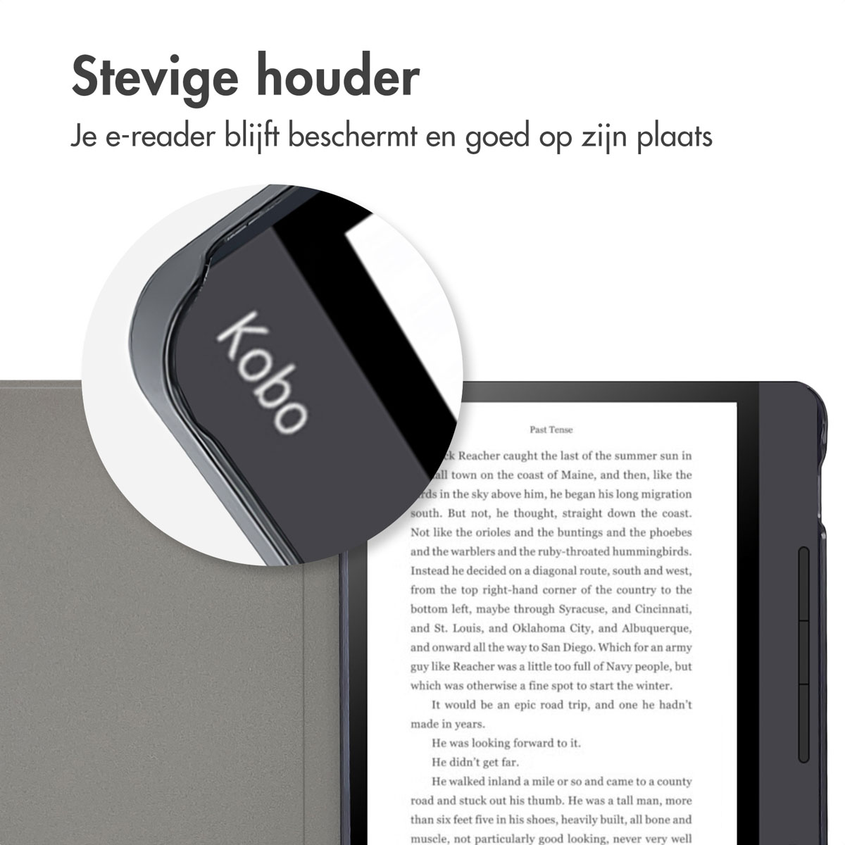 Een e-reader hoes open, tekstpagina tonend. Kobo merk zichtbaar, cover is veilig.