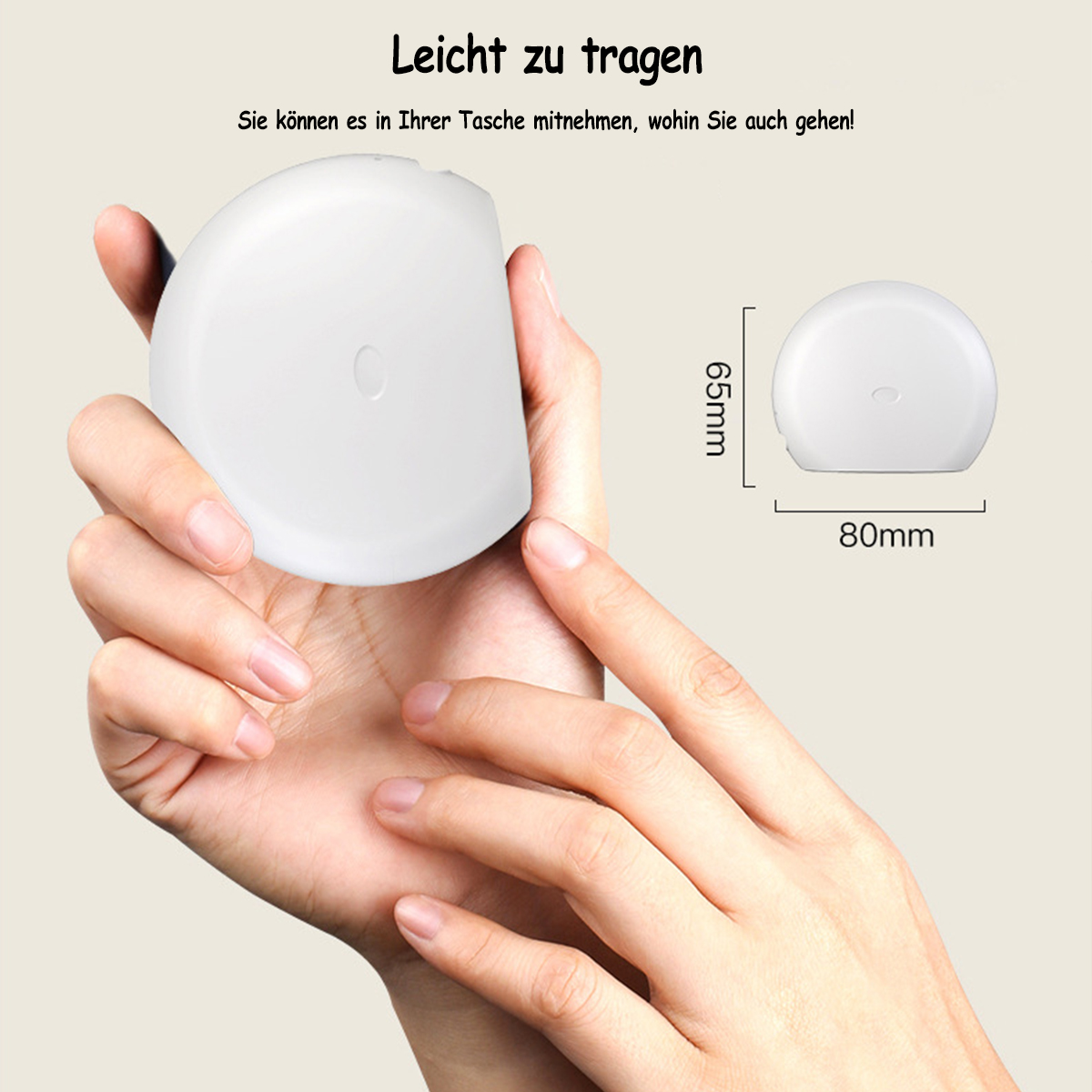 Hand hält ein weißes, abgerundetes Gerät. Text: Leicht zu tragen, mit Abmessungen.