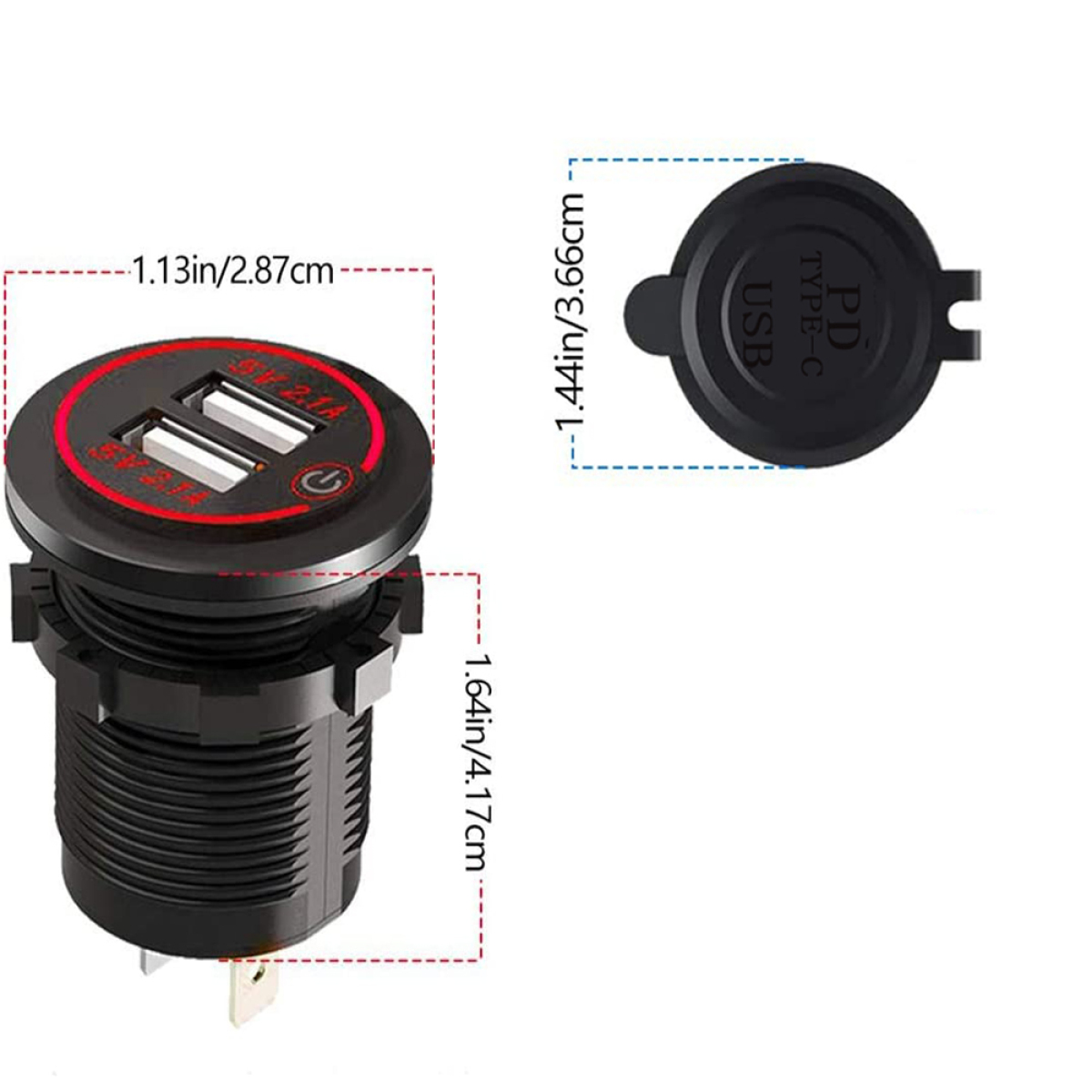 Nahaufnahme eines schwarzen und roten USB-Autoladegeräts mit Abmessungen und Abdeckung.