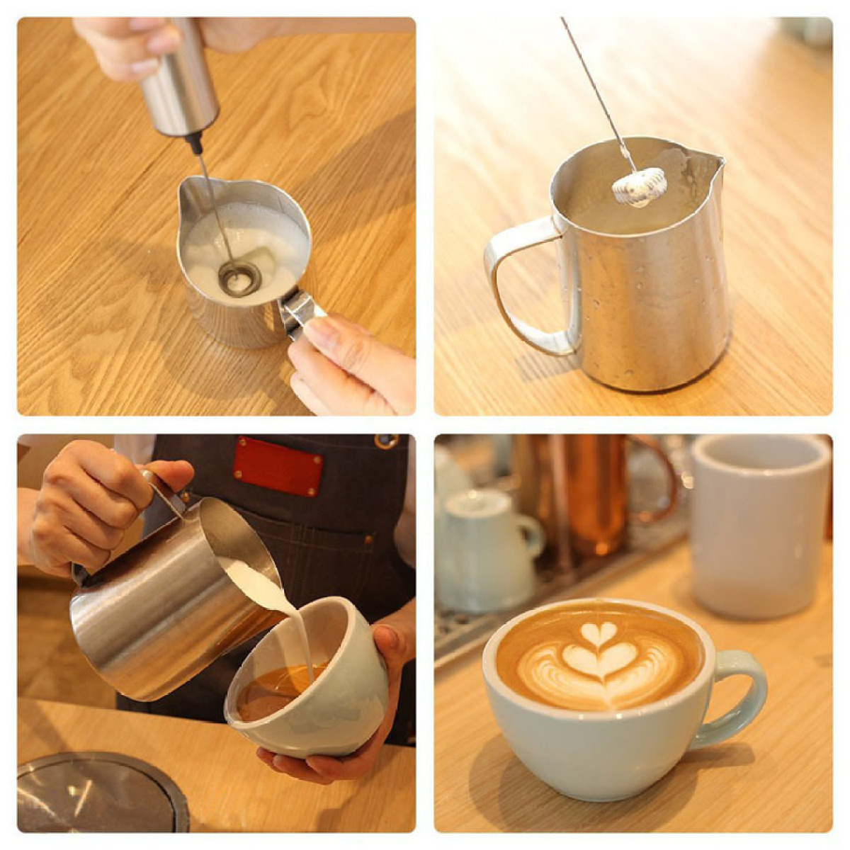 Vier Bilder der Kaffeezubereitung: Milch mit einem Milchaufschäumer aufschäumen, Milch eingießen und Latte Art.