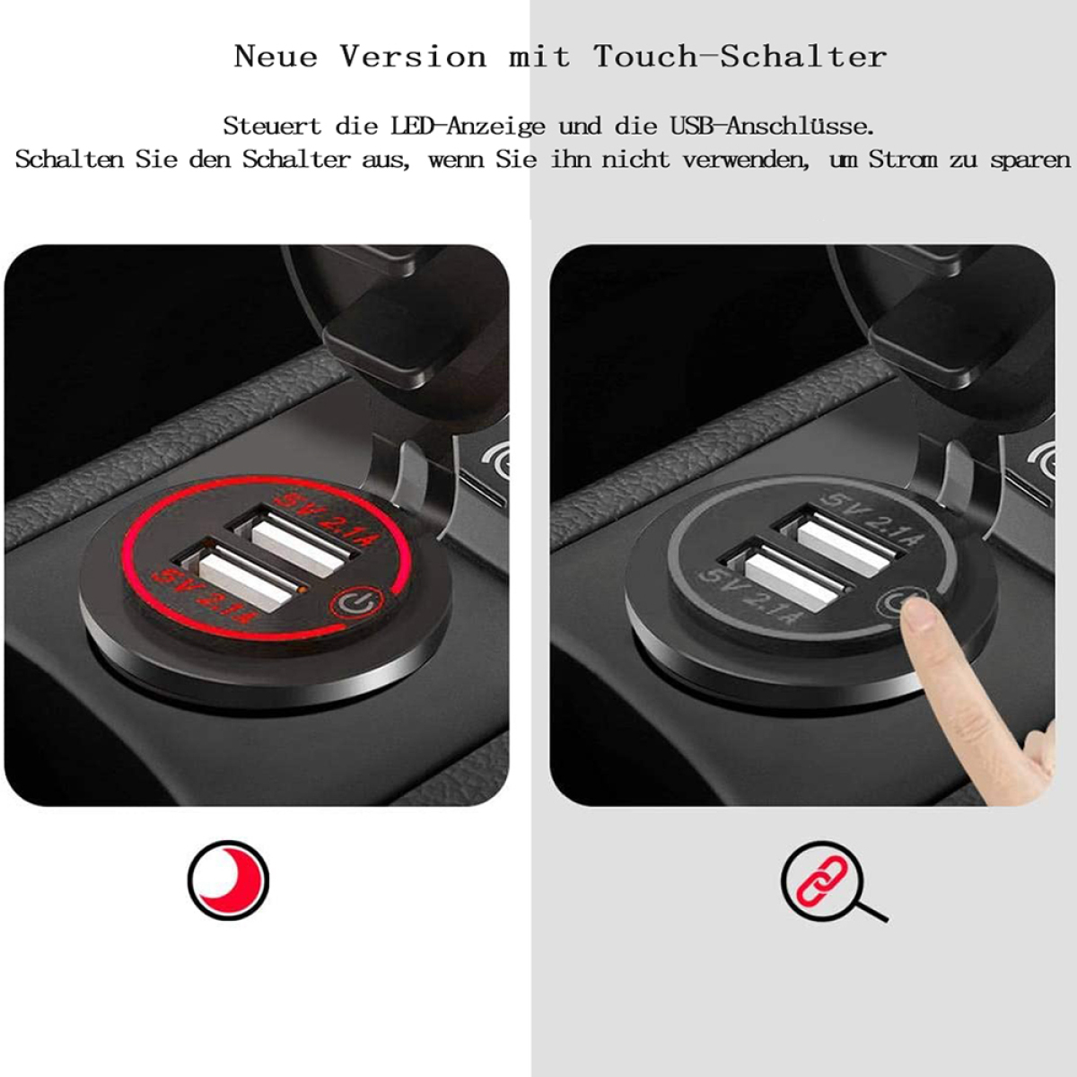 Das Bild zeigt einen USB-Anschluss eines Autos mit zwei Ladeanschlüssen. Der linke Anschluss leuchtet rot.