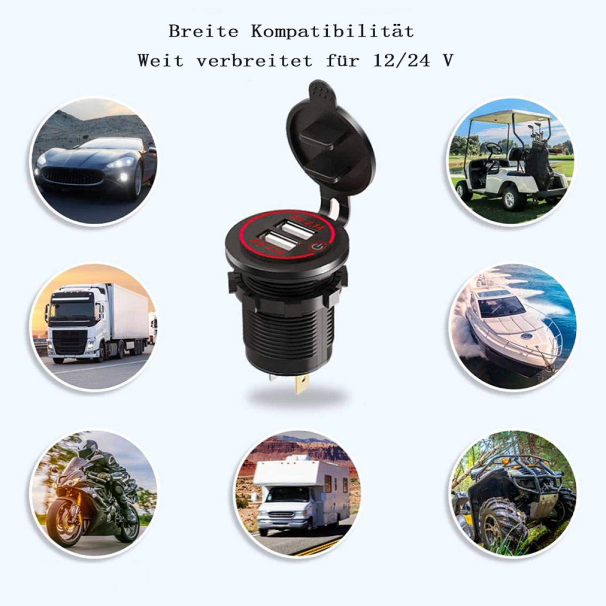 Schwarzer USB-Anschluss für 12/24V. Verfügt über USB-Anschlüsse und wird mit verschiedenen Fahrzeugen und Booten gezeigt.
