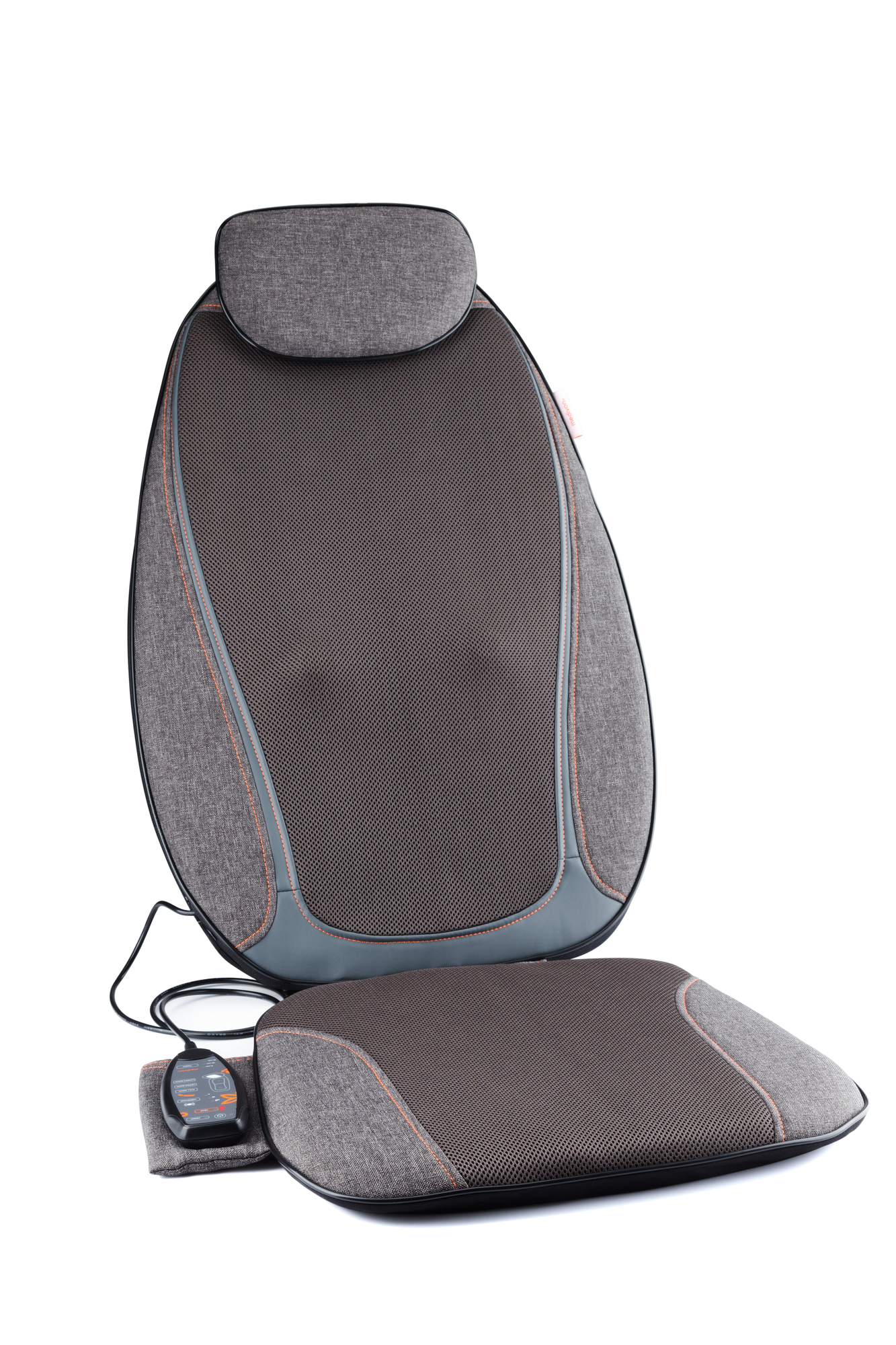 Massage-Sitzauflage mit Kopfstütze und Bedienfeld. Braune und graue Farben.