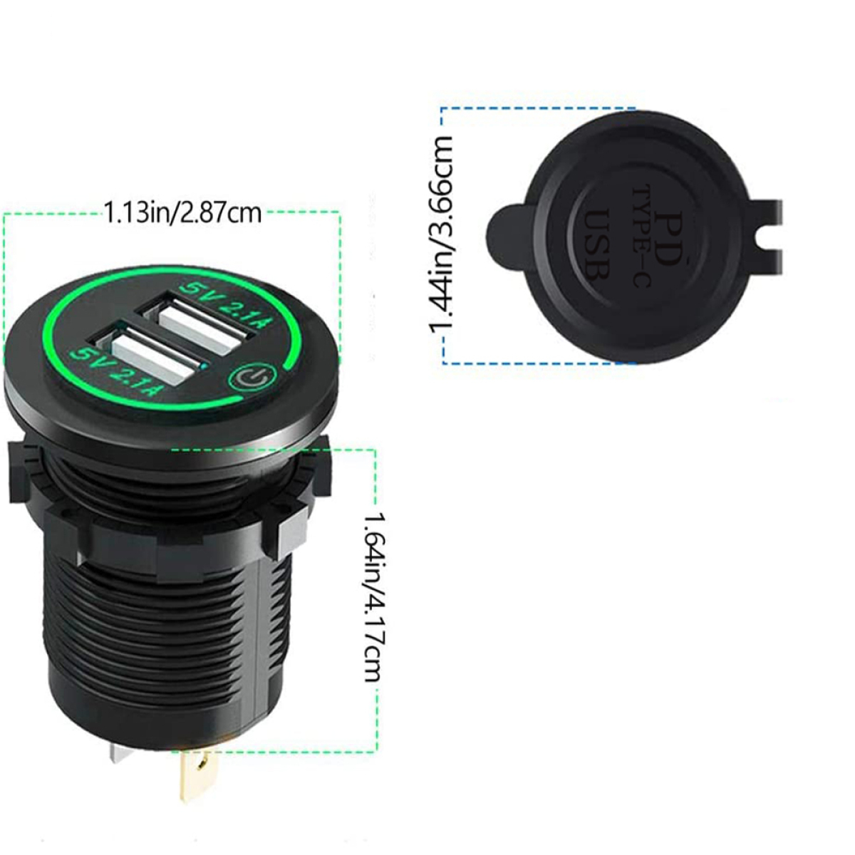 Schwarzes und grünes USB-Ladegerät mit Abmessungen. Text: 5V 2.1A. Ein Typ-C-Anschluss ist vorhanden.