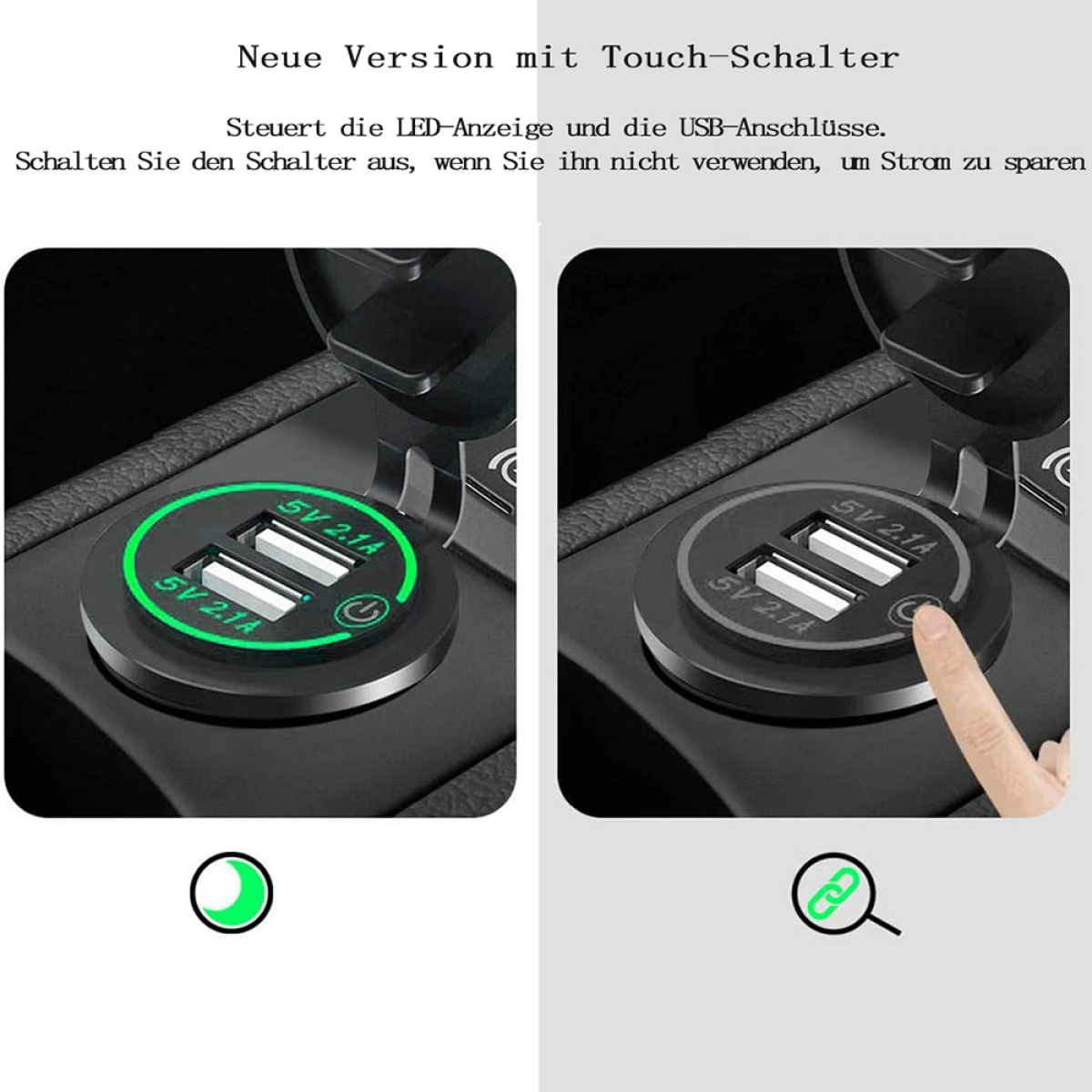 Nahaufnahme einer schwarzen Autokonsole mit USB-Anschlüssen und zwei beleuchteten Kreisen.