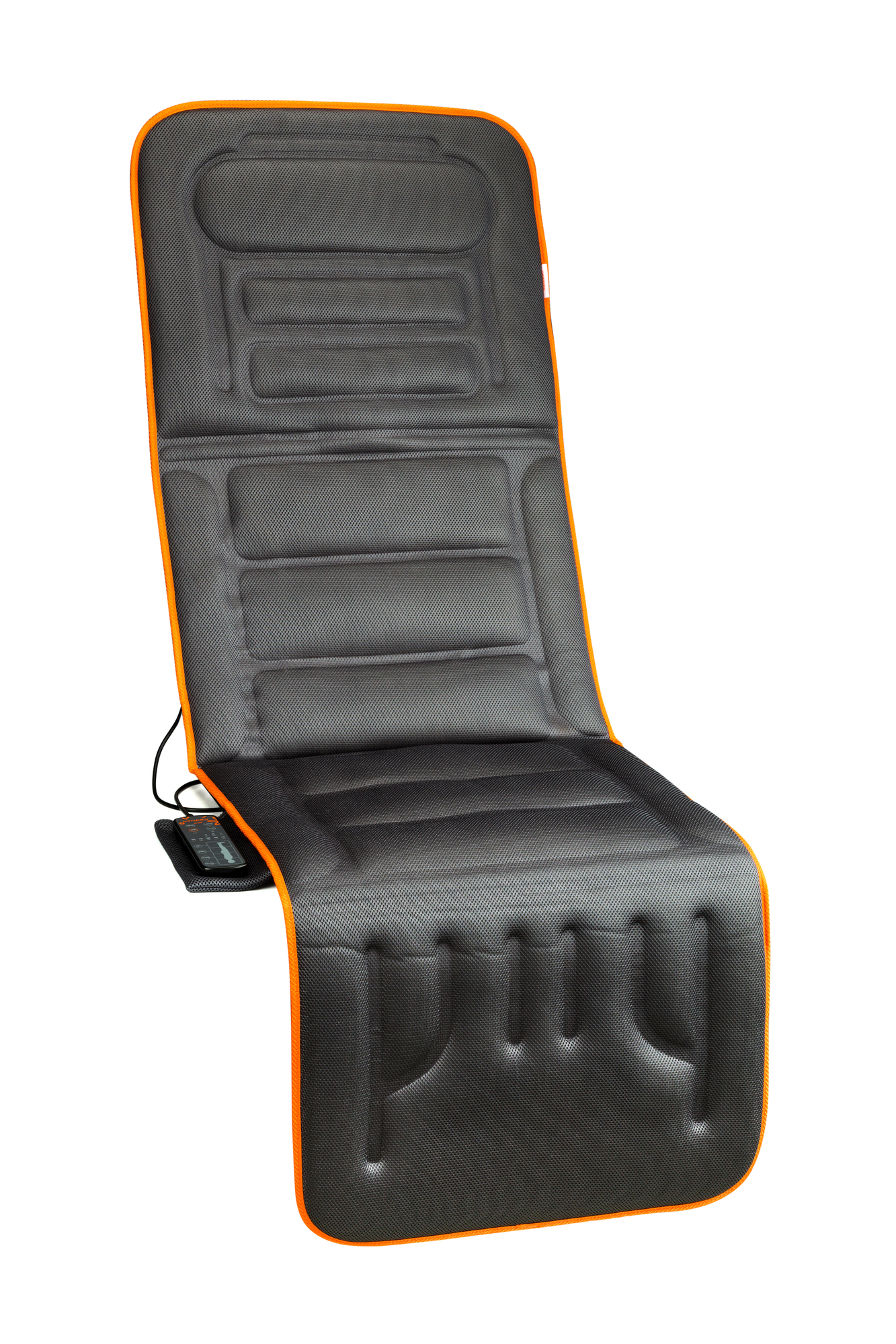 Ein Massage-Sesselauflage, grau mit orangefarbenem Rand, auf weißem Hintergrund.