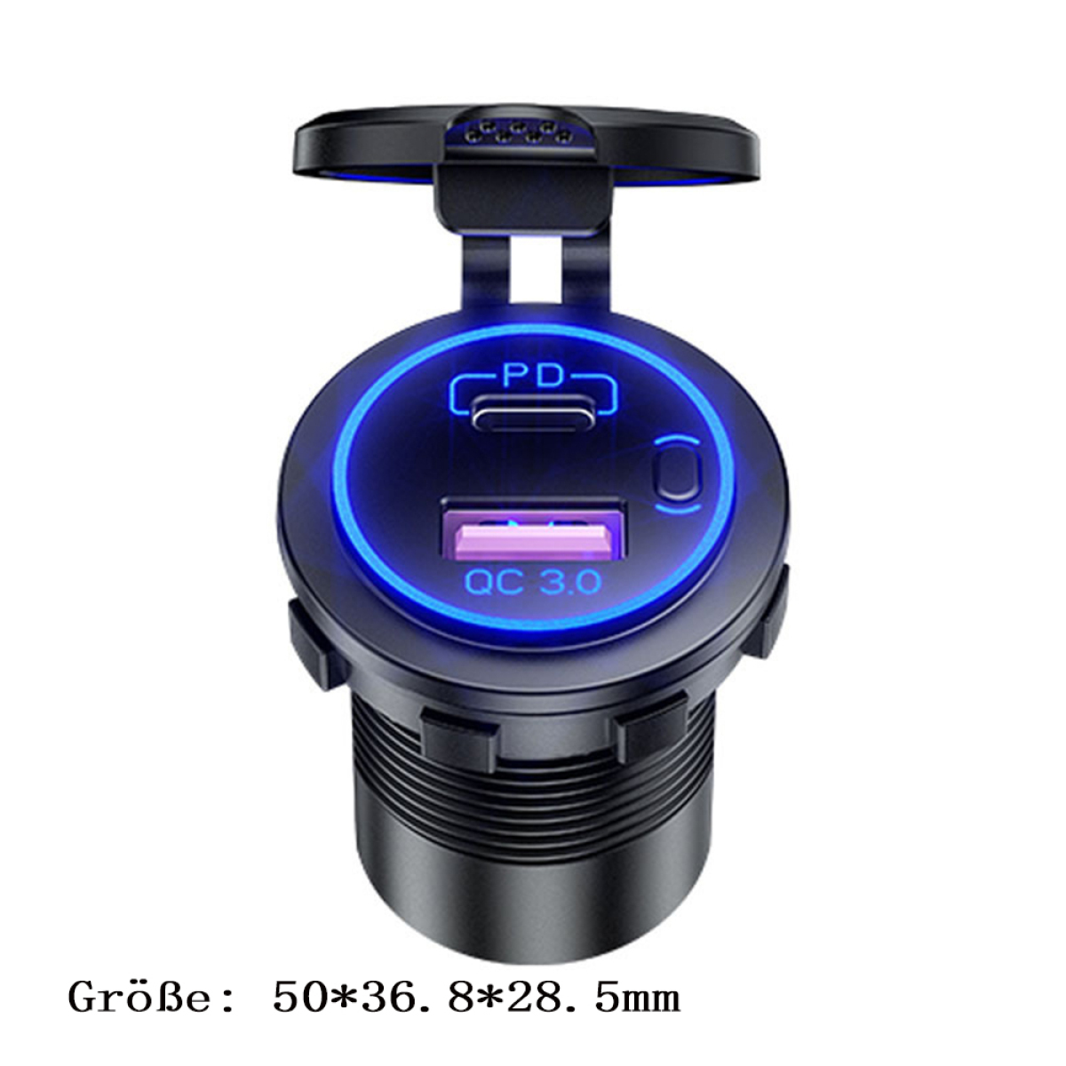 Schwarzes Autoladegerät mit USB- und PD-Anschlüssen, beschriftet QC 3.0. Hat einen blau leuchtenden Ring.